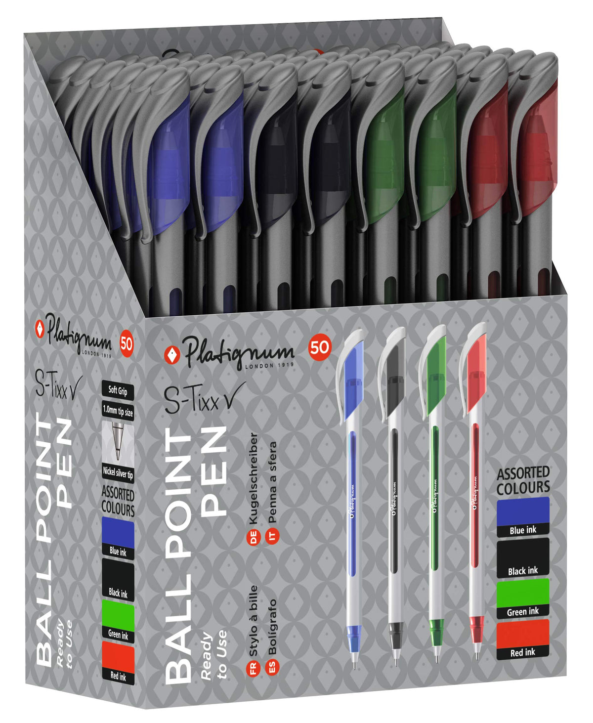 Platignum S-Tixx Multicoloured Ballpoint Pen [Pack of 50] Soft Grip Barrel with LV Ink for