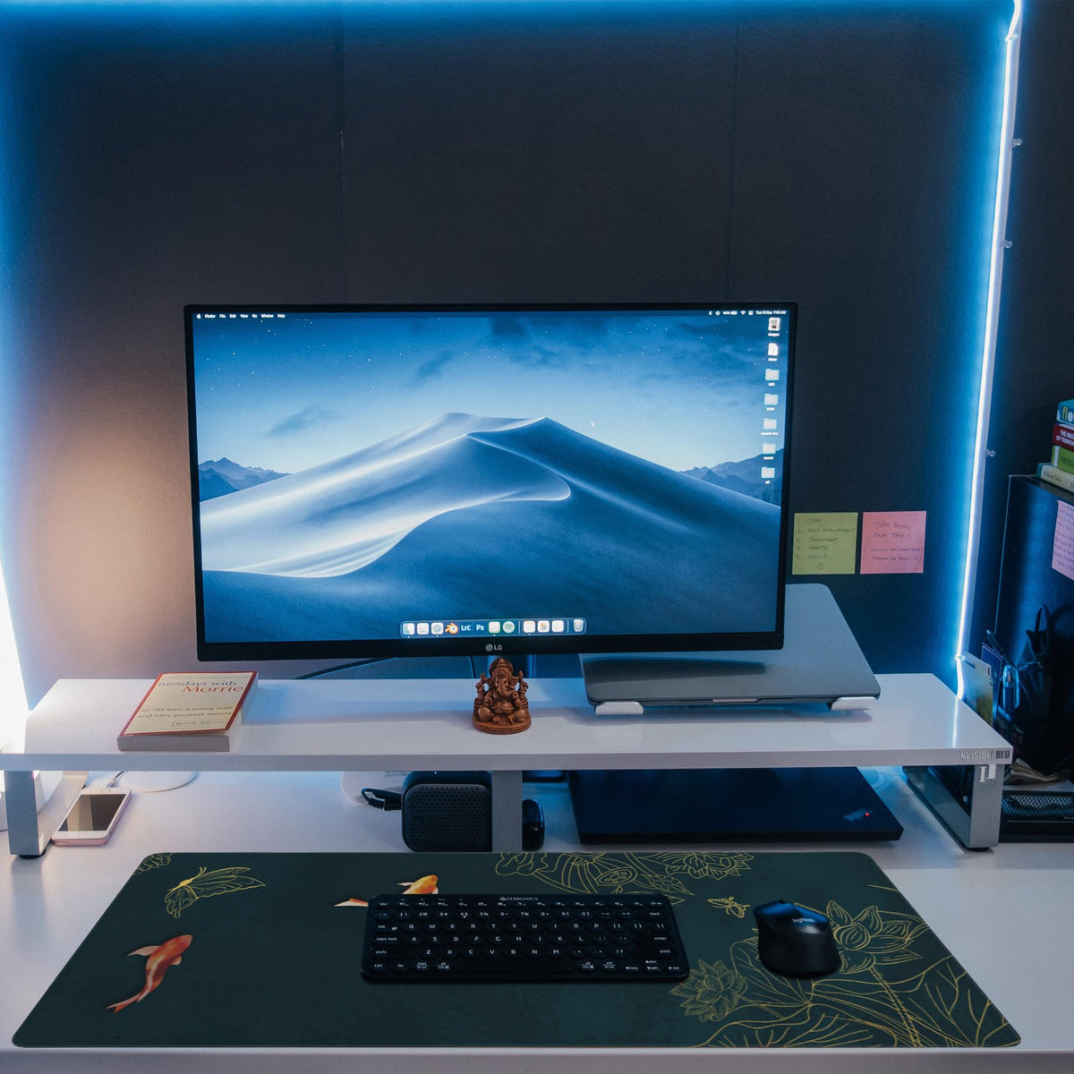 Eflxamz Large Gaming Mouse Pad, Koi Fish Ink Painting Desk Mat, Golden Line Lotus Desk Pad