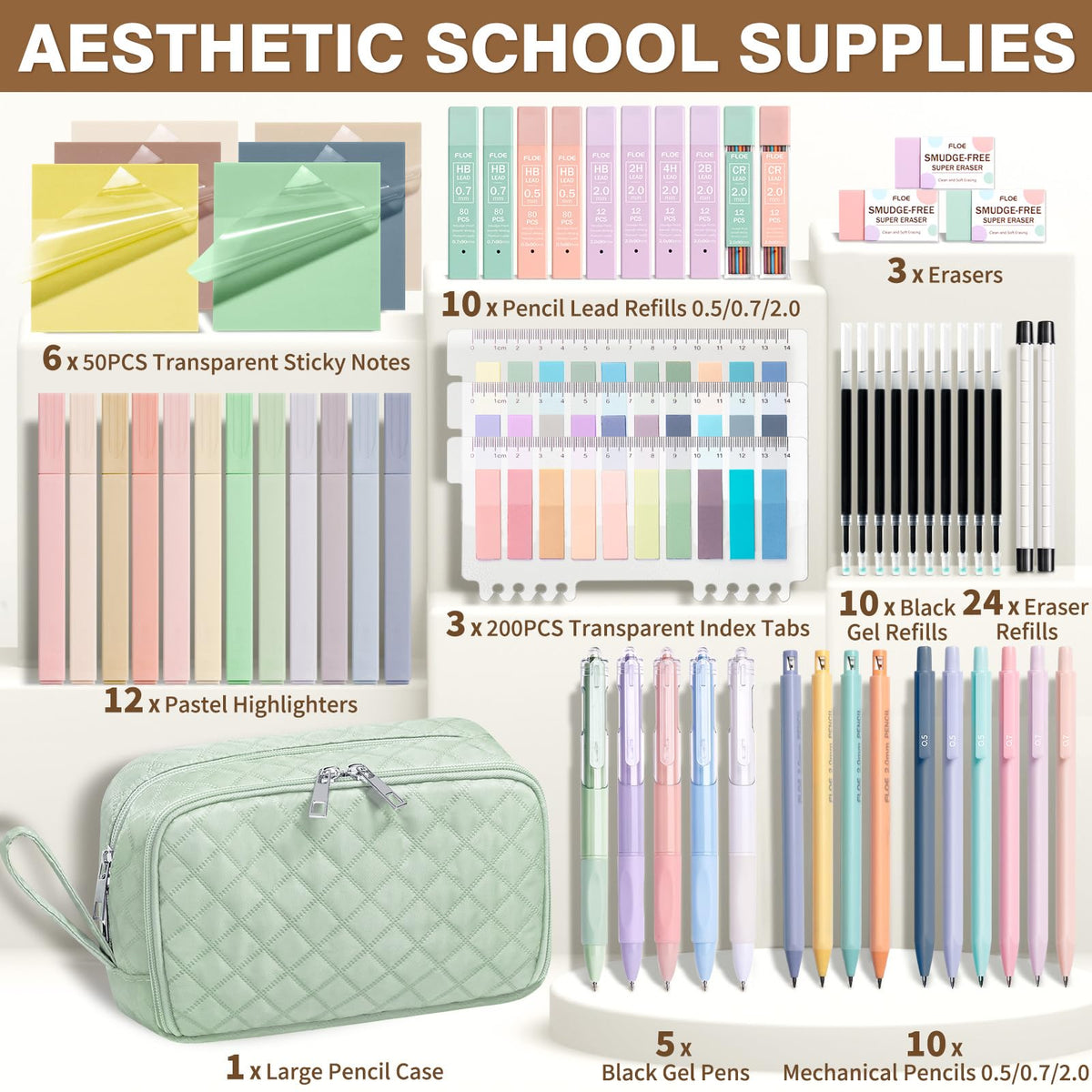 62PCS Aesthetic Back to School Supplies w/ Cute Pencil Case Stationary Set
