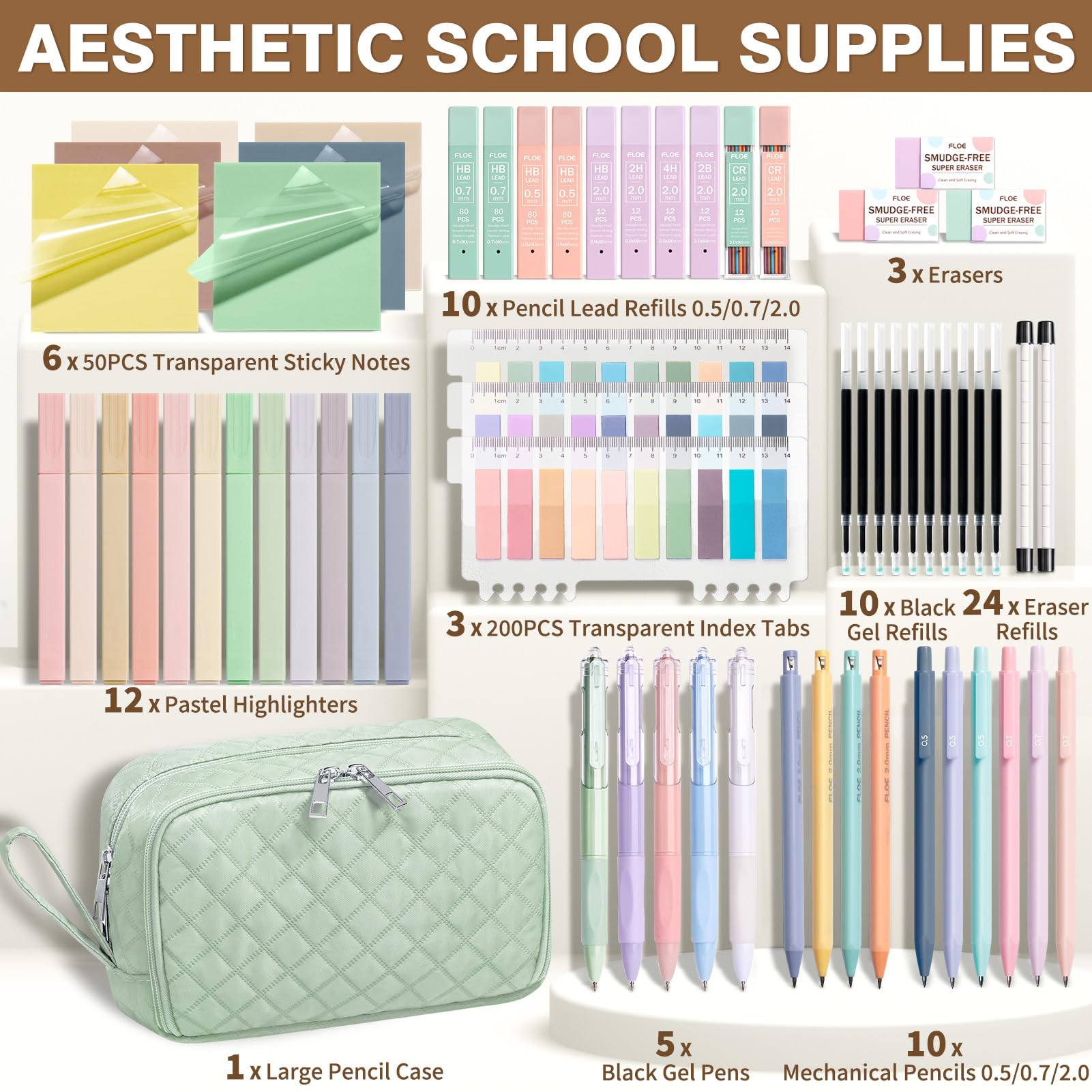 62PCS Aesthetic Back to School Supplies w/ Cute Pencil Case Stationary Set