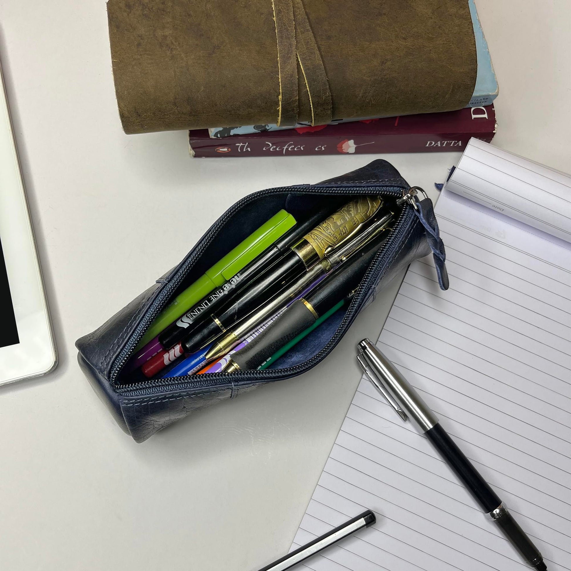 Rustic Town Leather Pencil Case - Full Grain Leather Zippered Pen Pouch - Stationery Bag Pen Holder