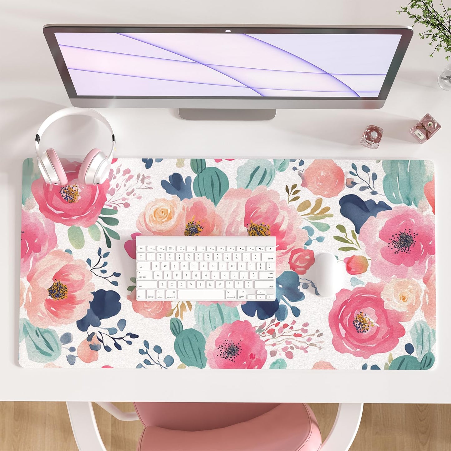 Faux Leather Large Mouse Pad, Office Desk Mat, 31.5"x15.7", Pink Floral