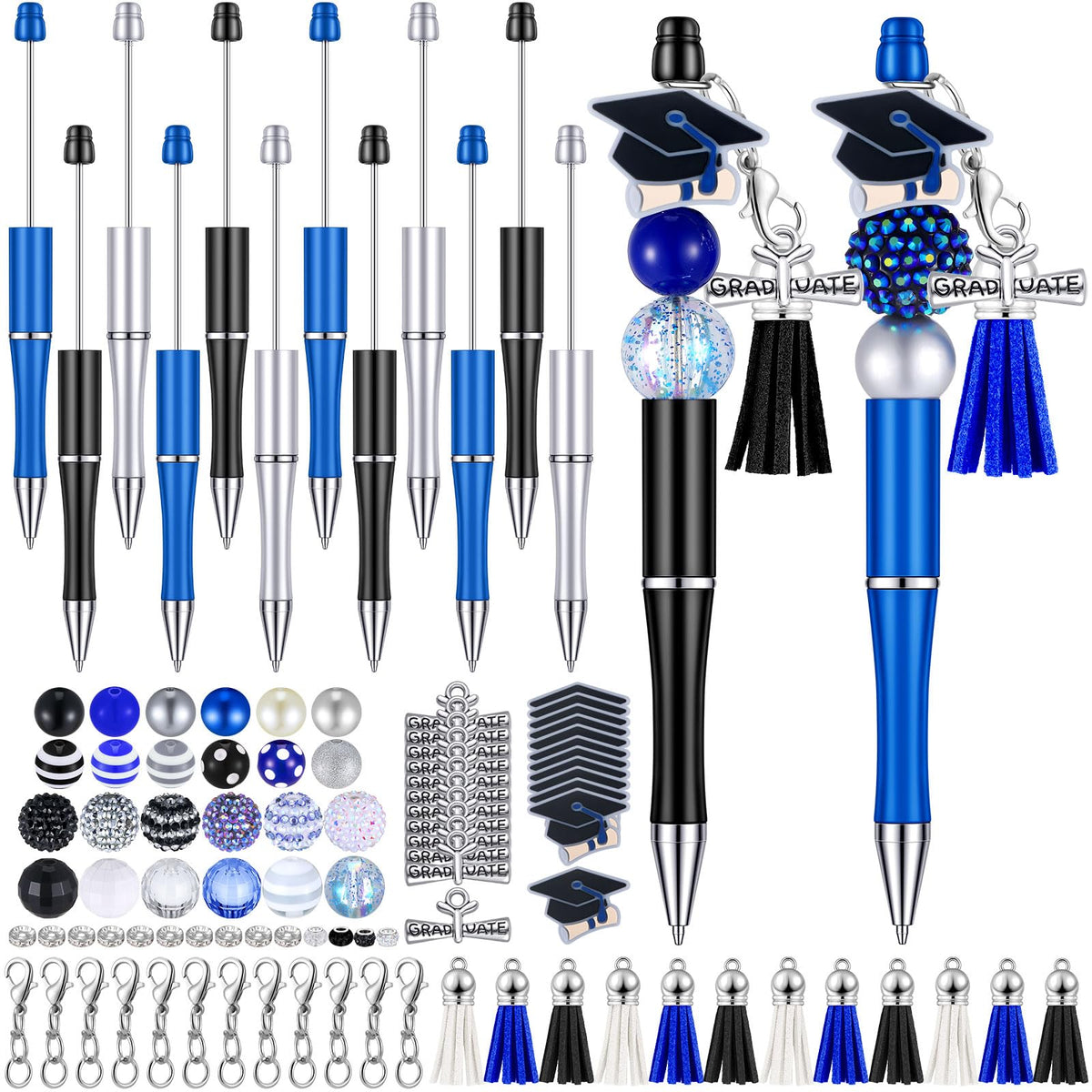Jutom 12 Pcs Graduation Beadable Pens with 50 Pcs Focal Beads 12 Tassels 12 Cap Pendants DIY Making