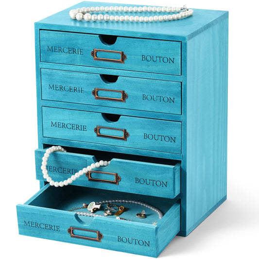 Wesiti Wooden Desk Organizer, 5 Drawers, Vintage Makeup Cabinet, Blue
