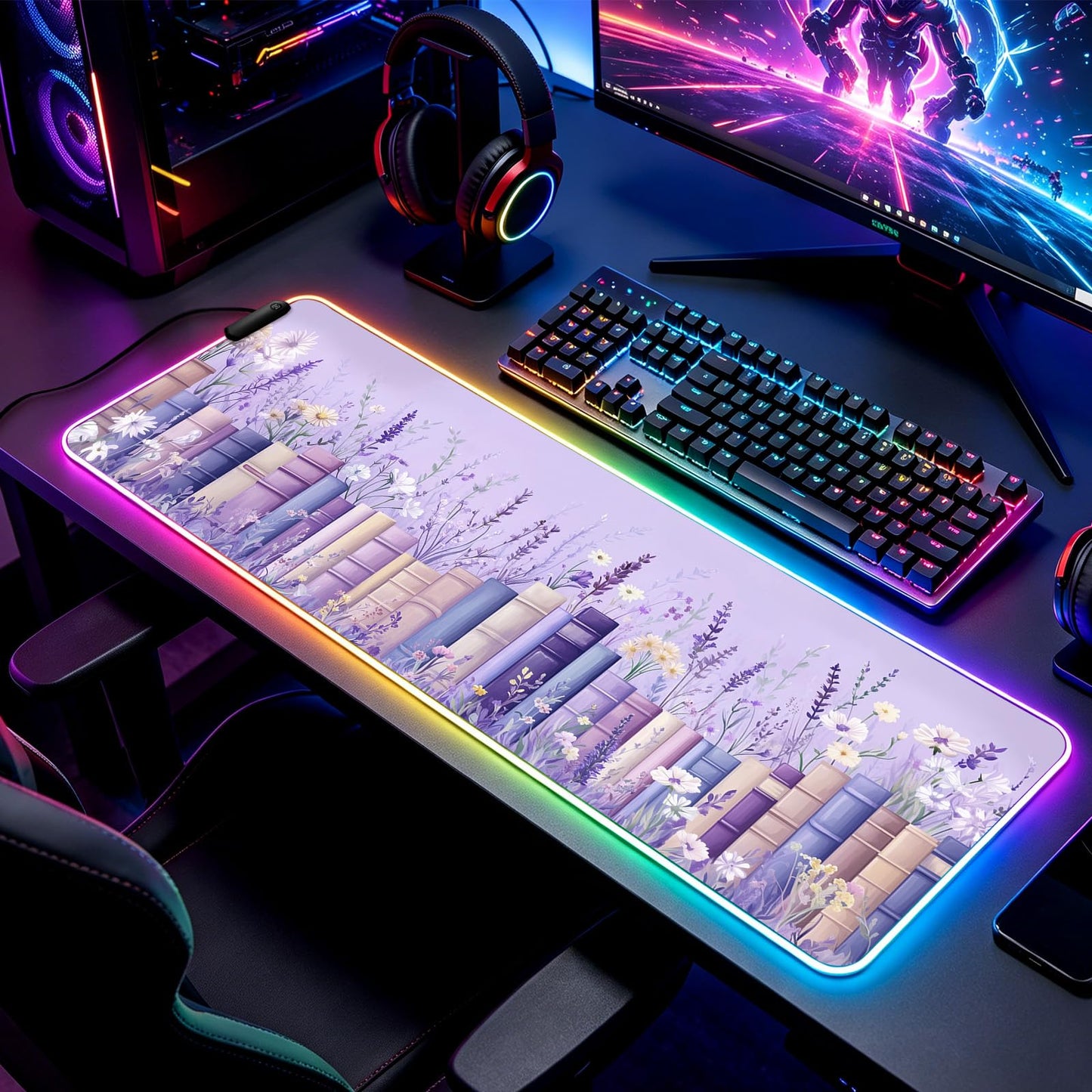 JIANG100 RGB Books Among Wildflowers Gaming Desk Mat & XL Mouse Pad, Purple