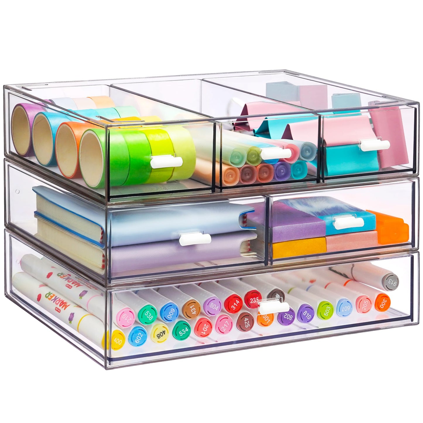 3 Tier Stackable Desk Organizer with 6 Drawers, YOCOMEY Plastic Desktop Storage Box Drawers