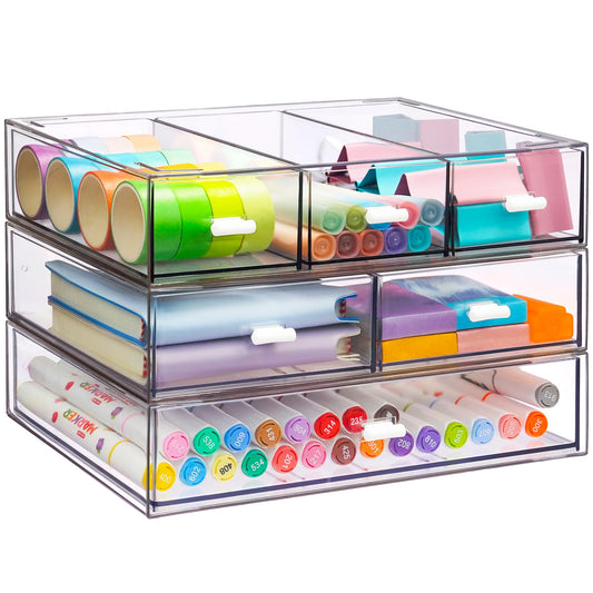 3 Tier Stackable Desk Organizer with 6 Drawers, YOCOMEY Plastic Desktop Storage Box Drawers