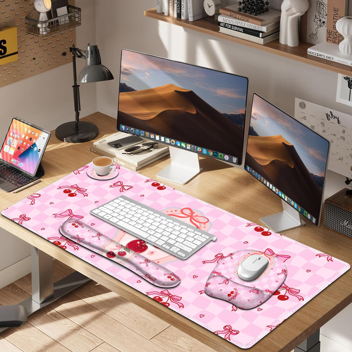 Cute Check Mouse Pad with Wrist Support 4 in1 Set, XXL Big Game Mousepad + Keyboard Wrist Rest +