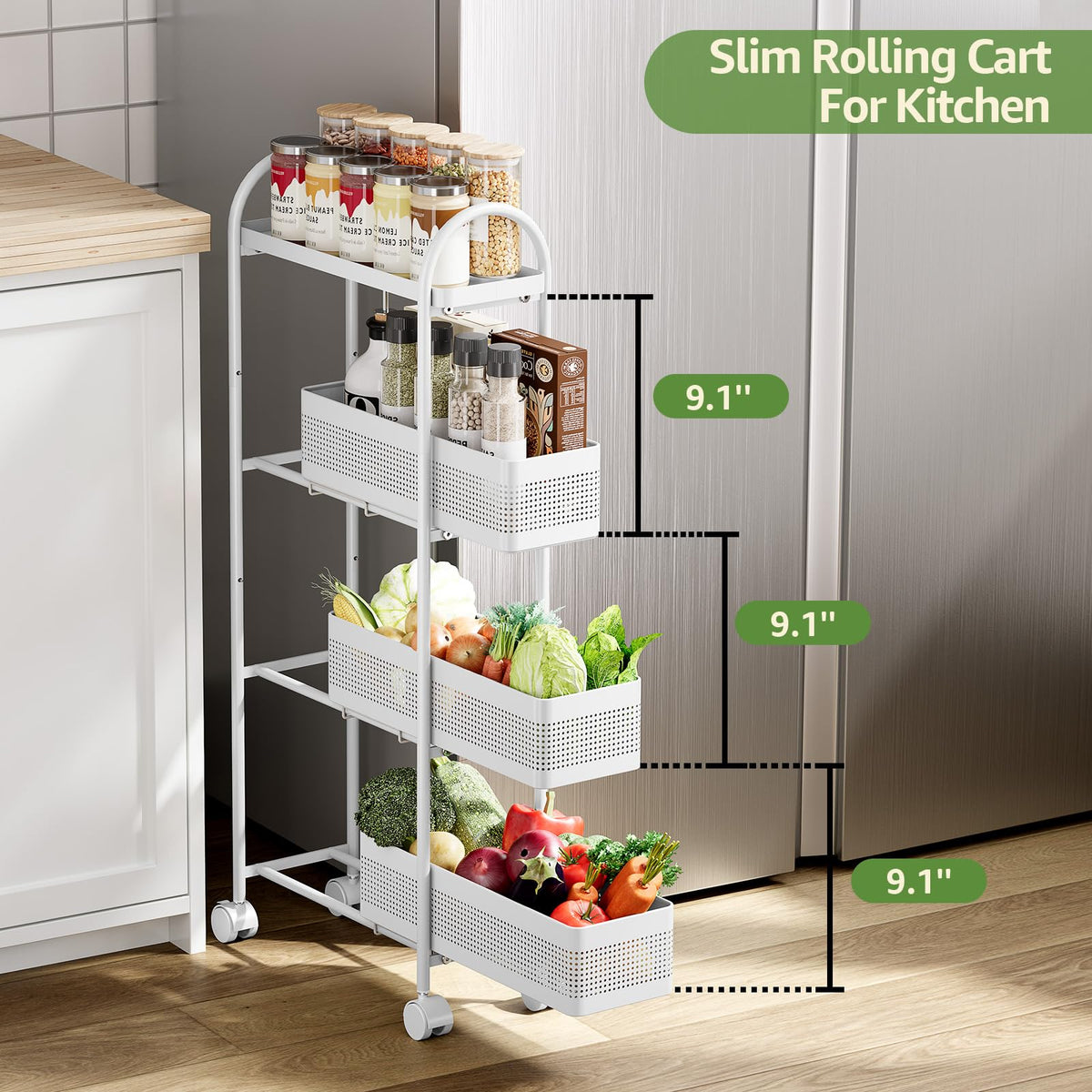 KINGRACK 4 Tier Slim Rolling Cart with Drawer, Metal Utility Storage Cart
