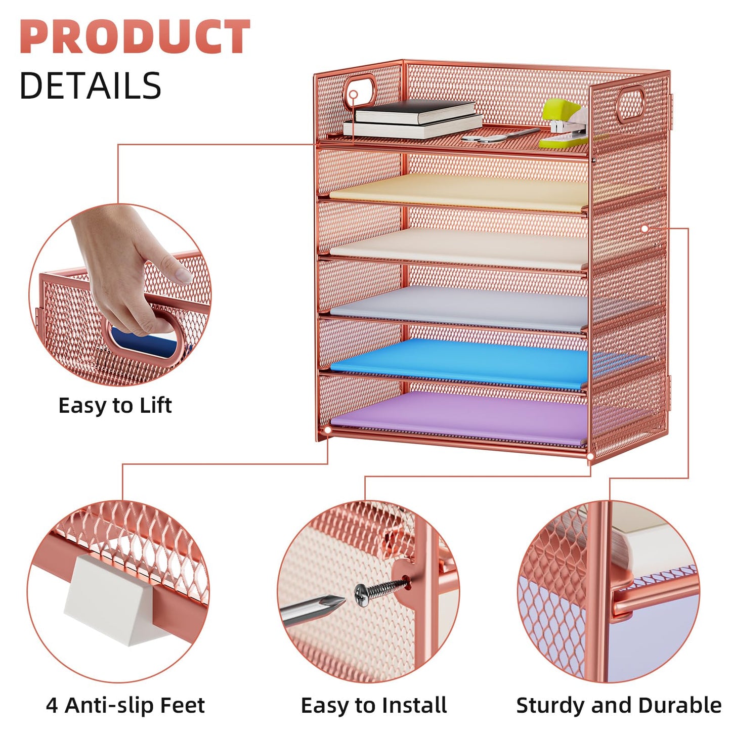 Marbrasse 2 Pack Desk Organizer with Handle, 6 Tier Paper Letter Tray, Mesh Desk File Organizer for