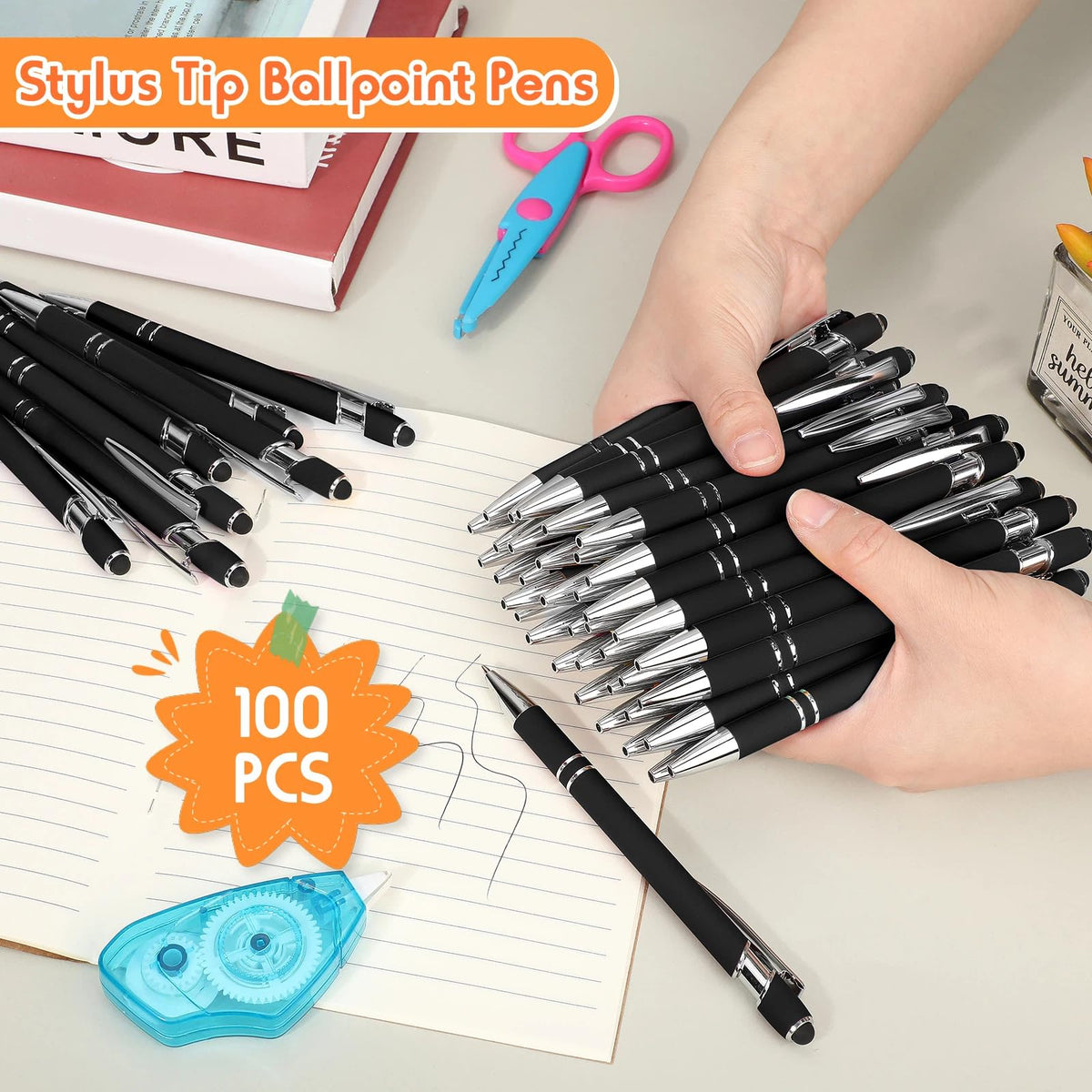 Yeaqee 100 Pieces Ballpoint Pen Bulk with Stylus Tip Click, Black