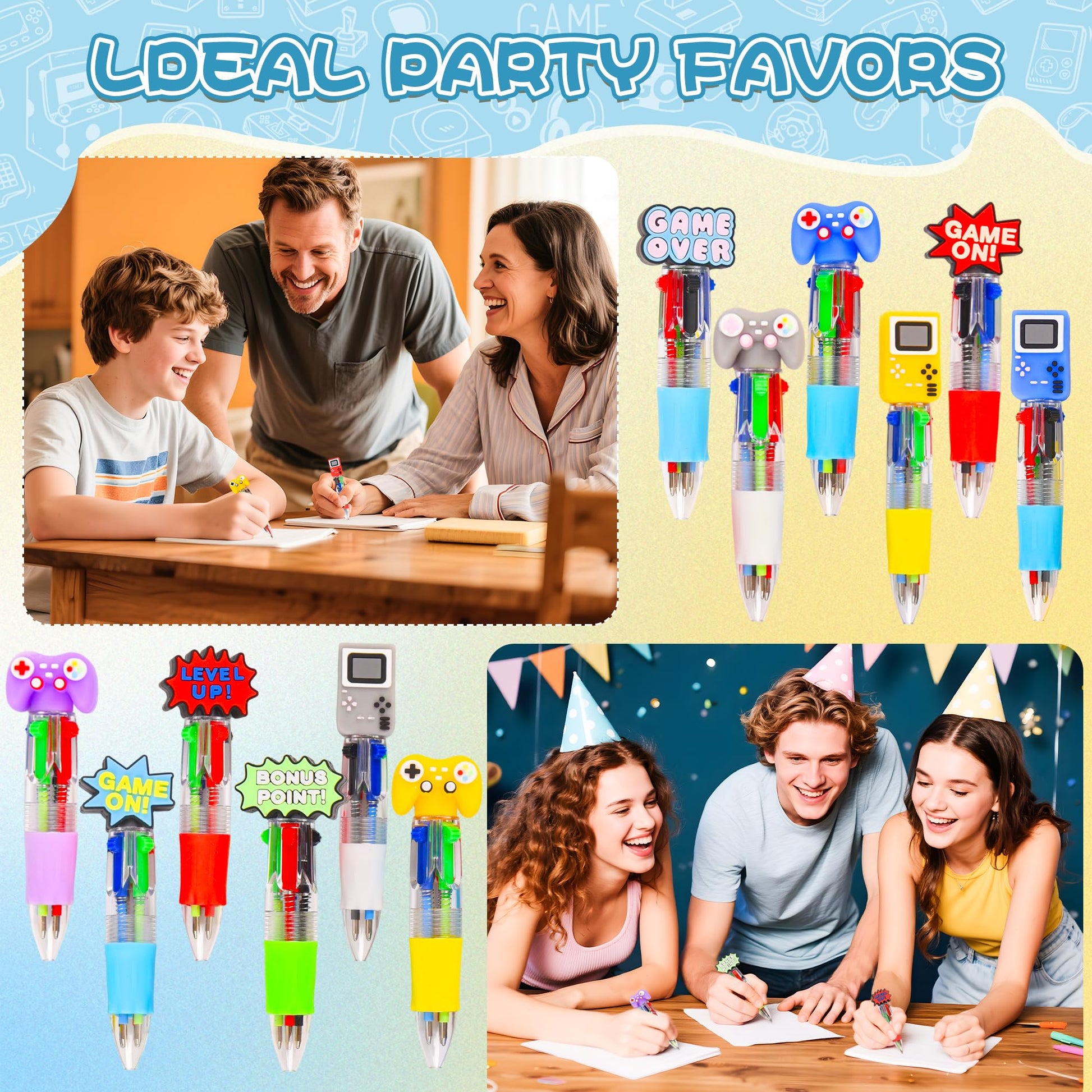 LiYiQ 100 Pcs Video Game Party Favors Multicolor Pen in One Cartoon Cute Fun 4-in-1 Cute Pens Bulk