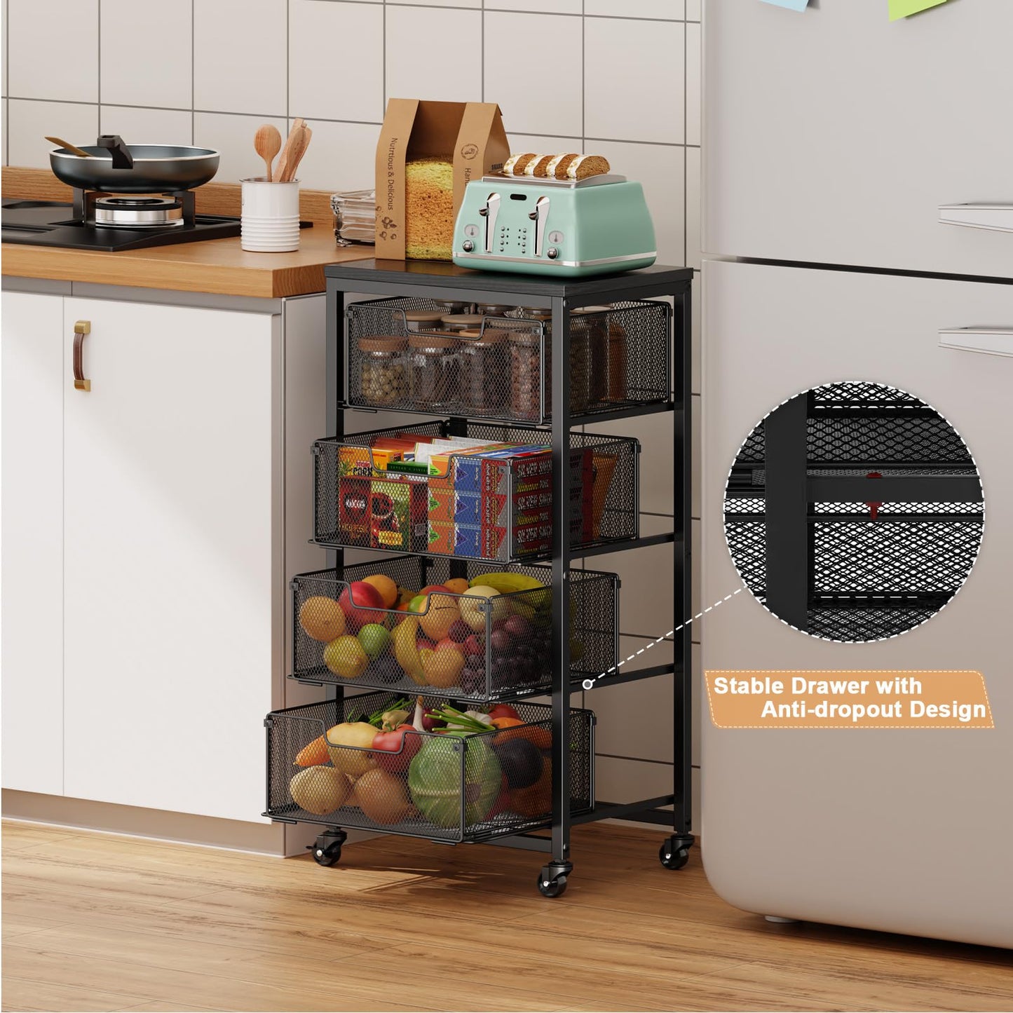 4-Tier Fruit Vegetable Storage Cart - Kitchen Organizer and Storage Cart with Wheels, Wooden Top