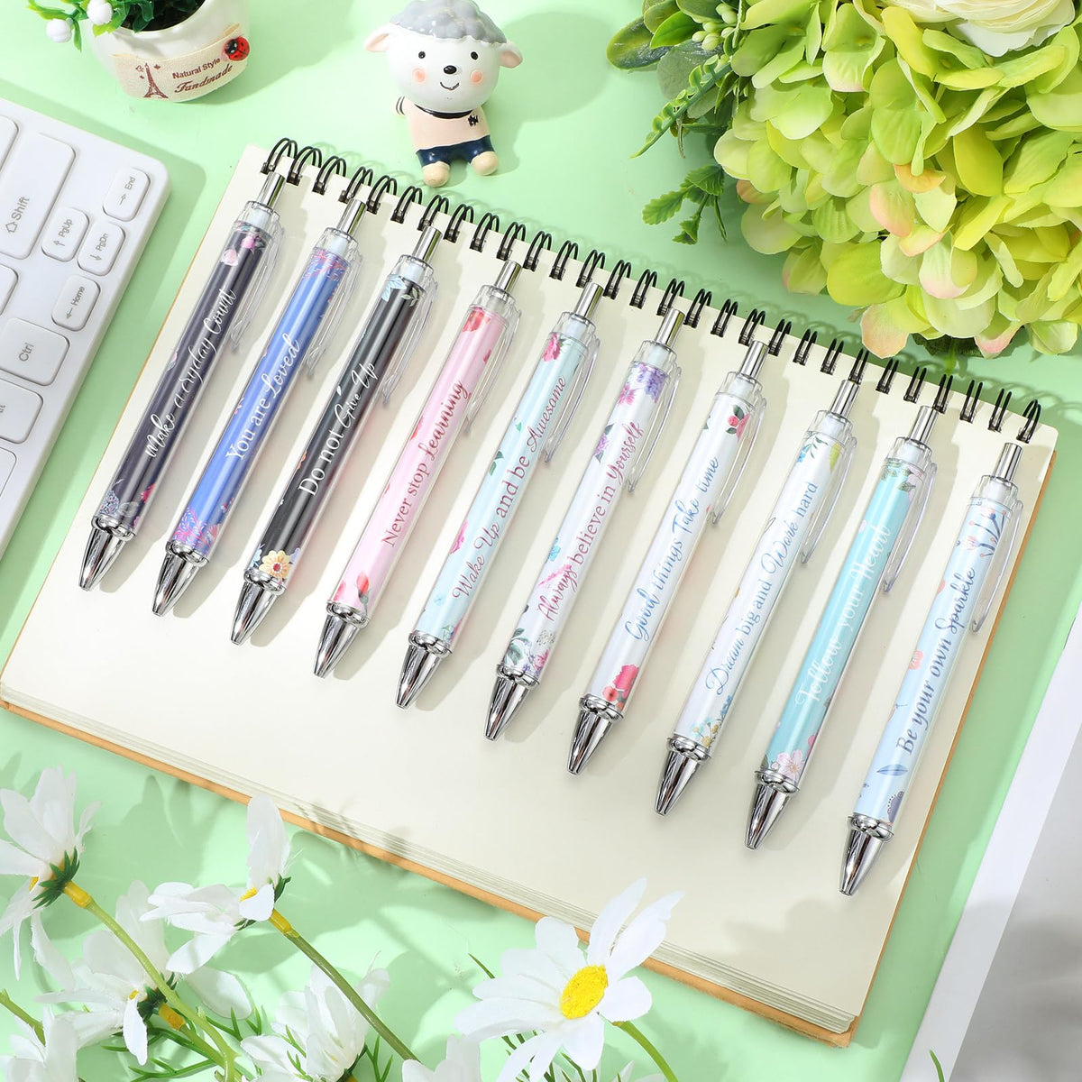 Yeaqee 50 Pcs Motivational Pens Bulk Inspirational Quotes,Flower Style