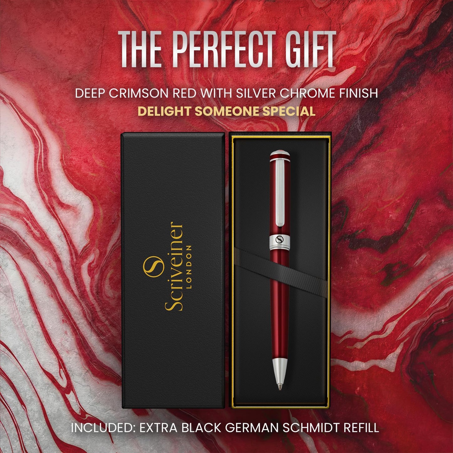 Scriveiner Deep Crimson Ballpoint Pen - Stunning Red Lacquer Luxury Pen, Chrome Finish, Schmidt