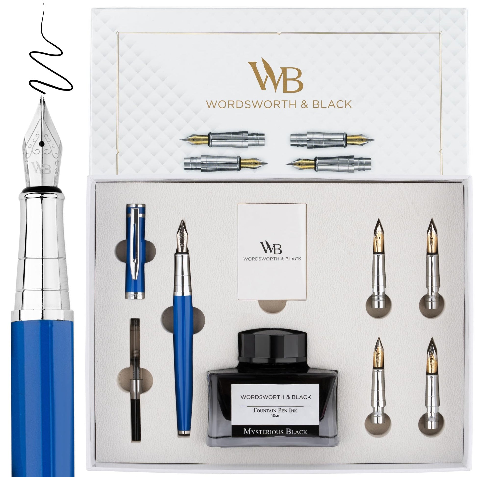Wordsworth & Black Luxury Fountain Pen Set for Writing, 6 Nibs, Blue