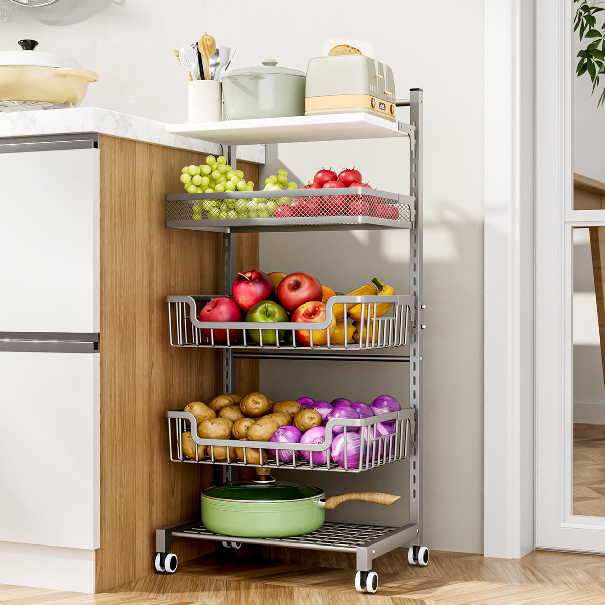 HapiRm Fruit Basket Kitchen Cart - 5 Tier Adjustable Vegetable Storage Rack, Large Capacity Rolling