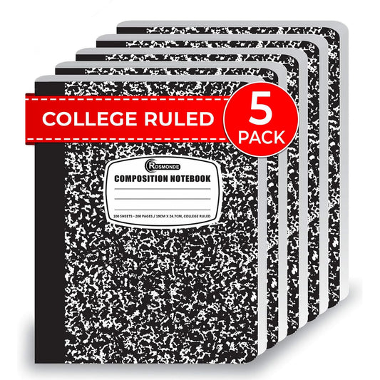 Rosmonde 5 Pack College Ruled Composition Notebooks, Black Marble Notebook
