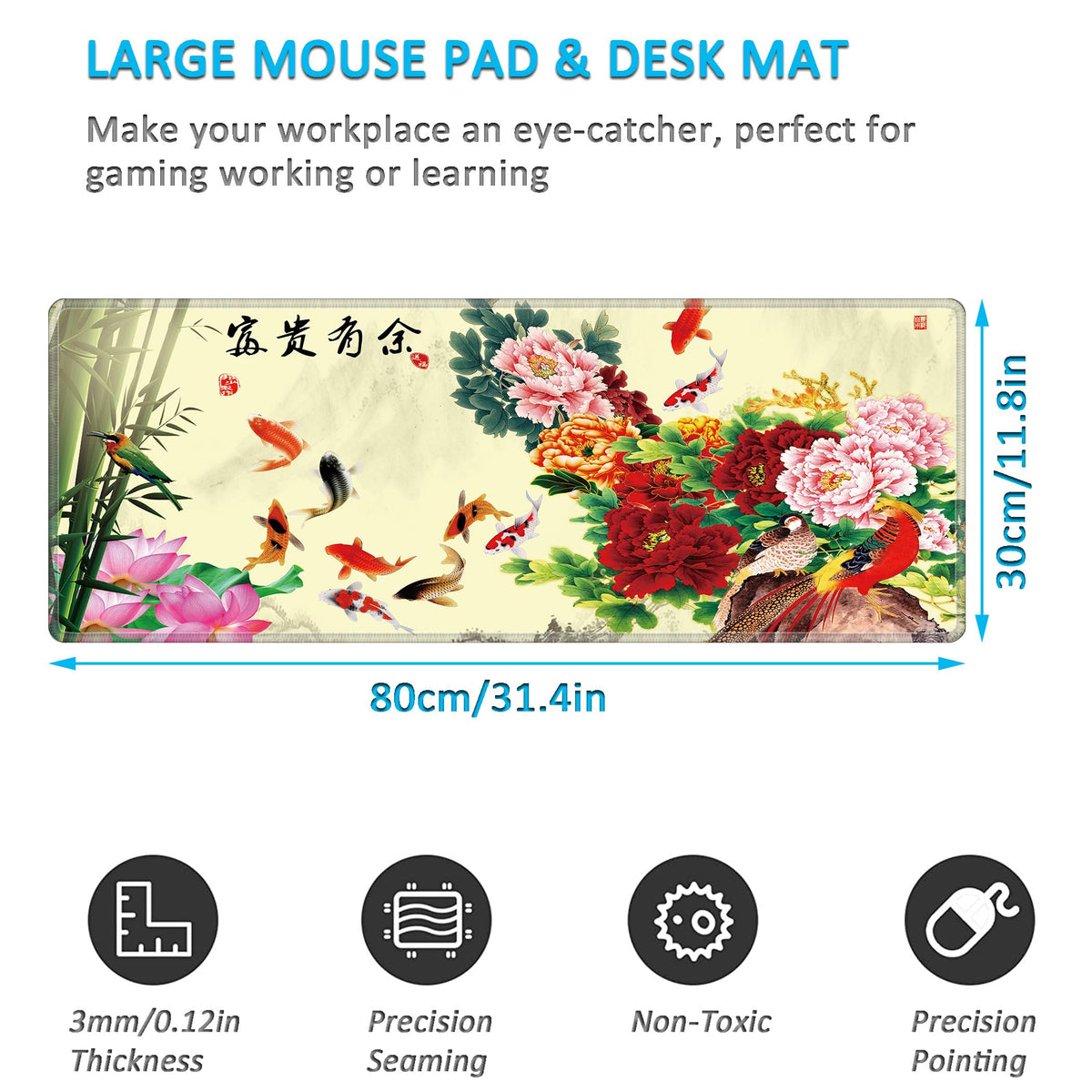 LL-COEUR XXL Landscape Gaming Mouse Pad Computer Keyboard Mat Office Desk Pad (Fish, 31.4" x 11.8"