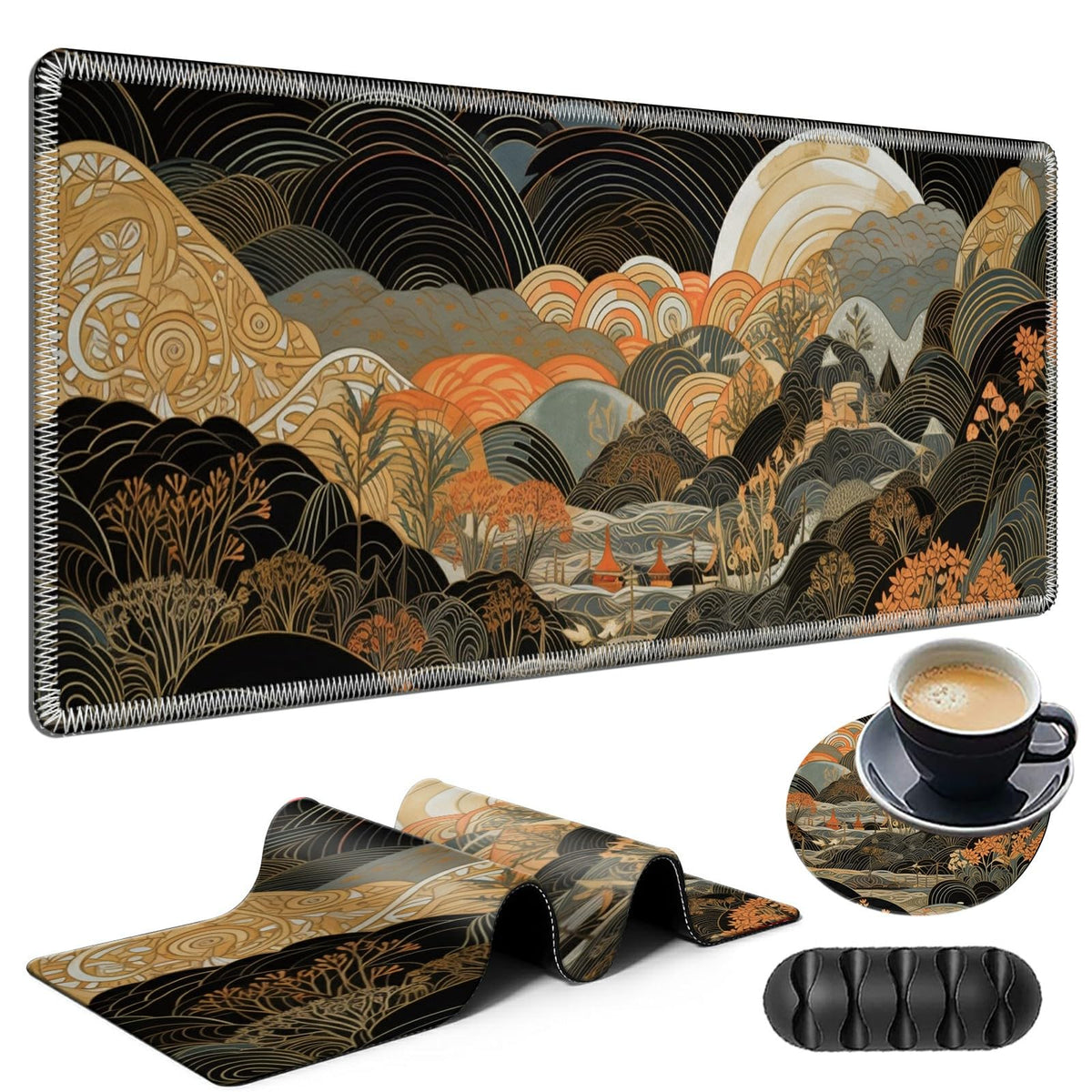 Large Gaming Mouse Pad Plus a Coasters + Cable Clips, Janapese Landscape Extended Mousepad (31.5 x