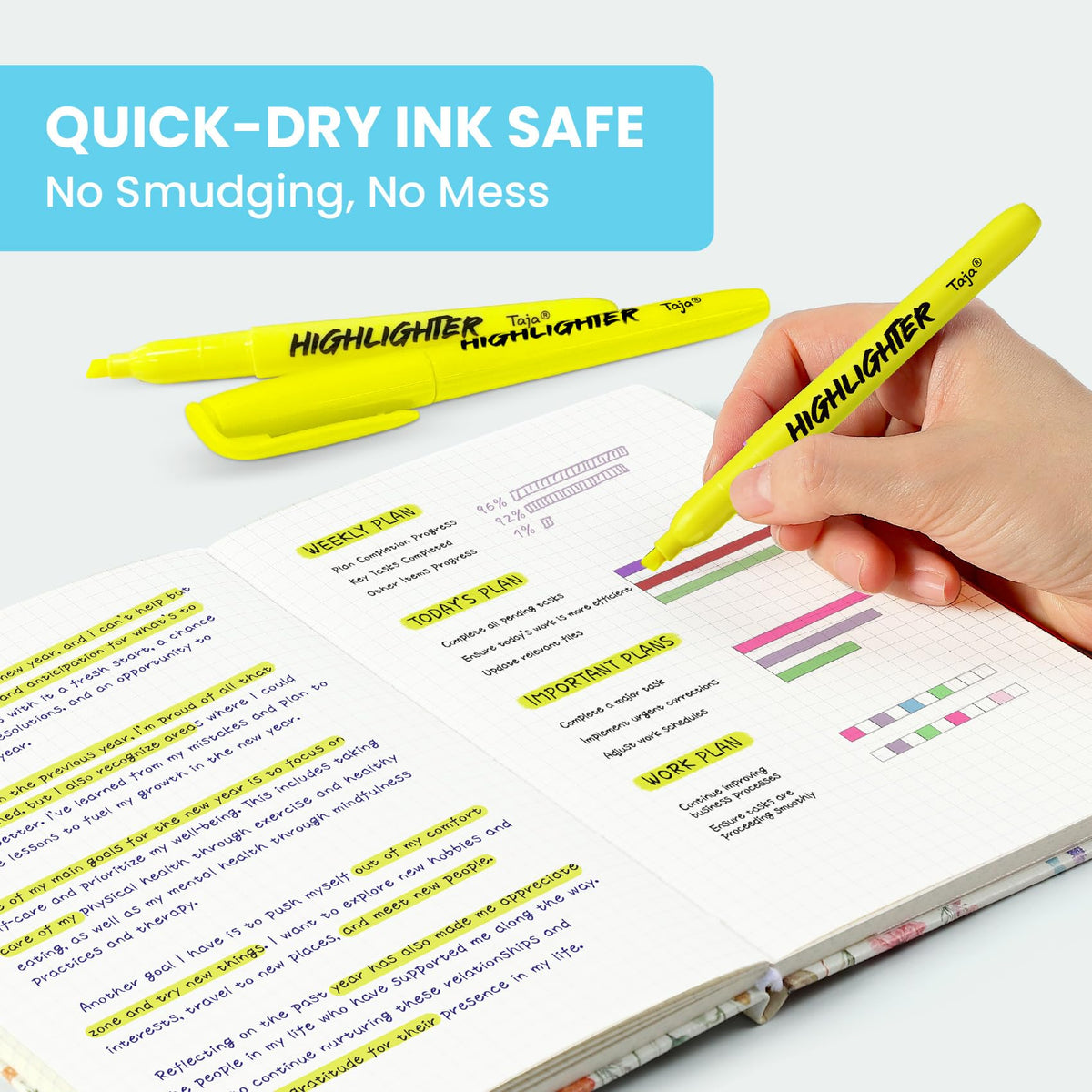 Taja 60 Pack Highlighters, Yellow, Chisel Tip with No Bleed Ink