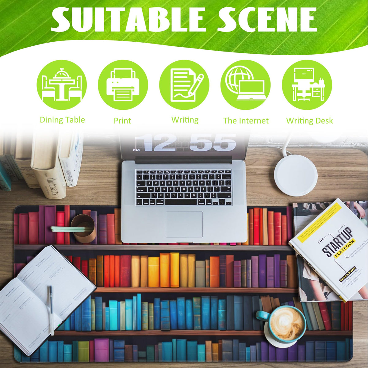 Eflxamz Large Gaming Mouse Pad for Desk,Bookshelves Full of Books Desk Mat,Colorful Books Desk