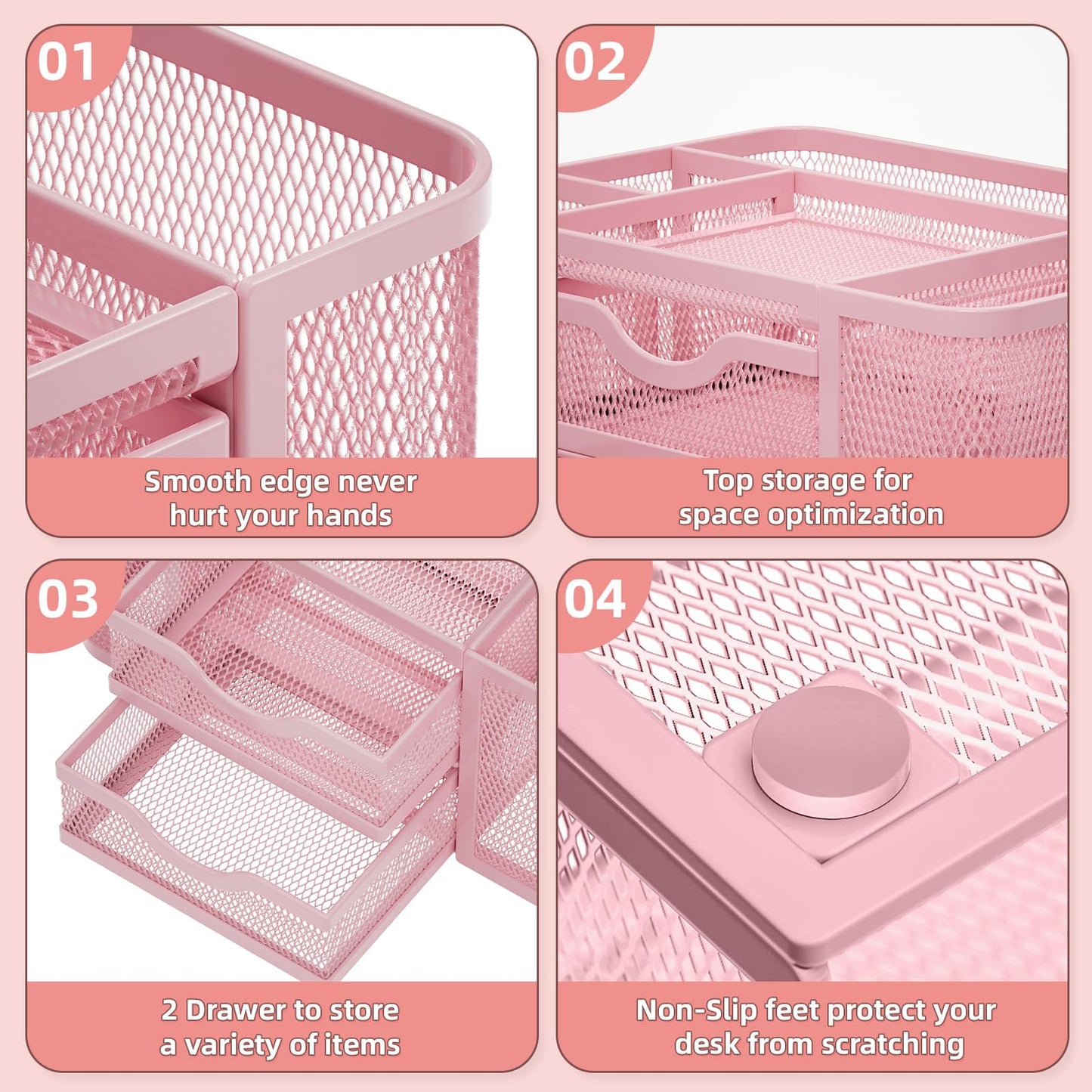 Marbrasse Mesh Desk Organizer, Pen Organizer with 2 Drawer, Multi-Functional Pencil Holder, Desk