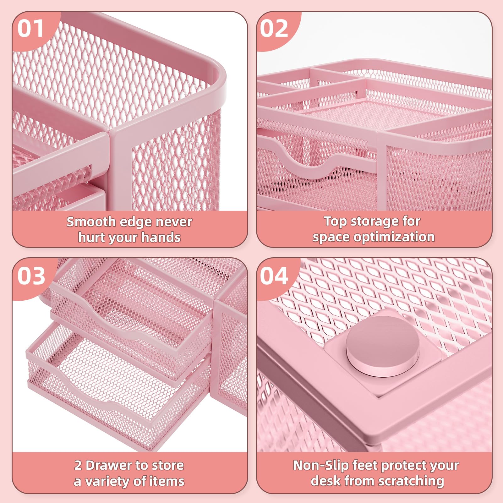 Marbrasse Mesh Desk Organizer, Pen Organizer with 2 Drawer, Multi-Functional Pencil Holder, Desk