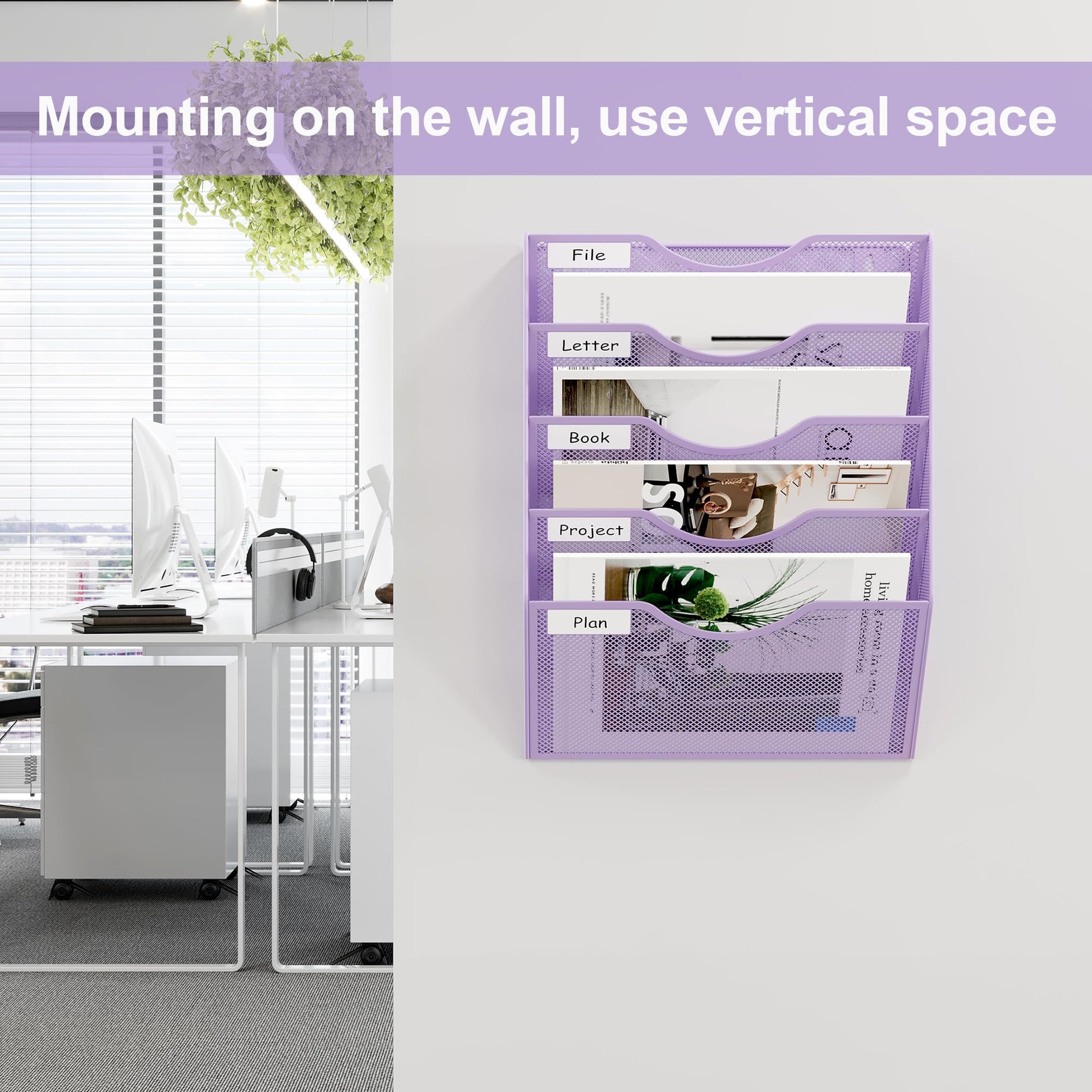 EasyPAG Wall File Organizer 5 Tier Hanging Paper Folder Holder, Zero Assembly Metal Mesh Wall