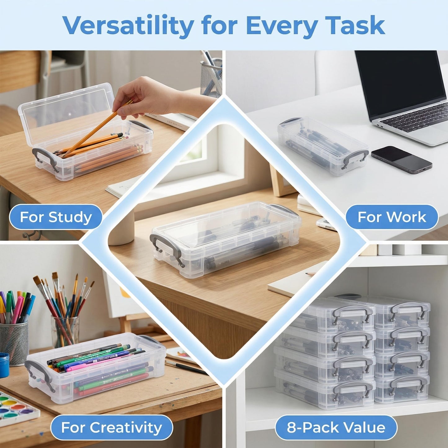 WUWEOT 8 Pack Plastic Pencil Box, Large Capacity Pencil Box with Snap-tight Lid, Supplies Storage