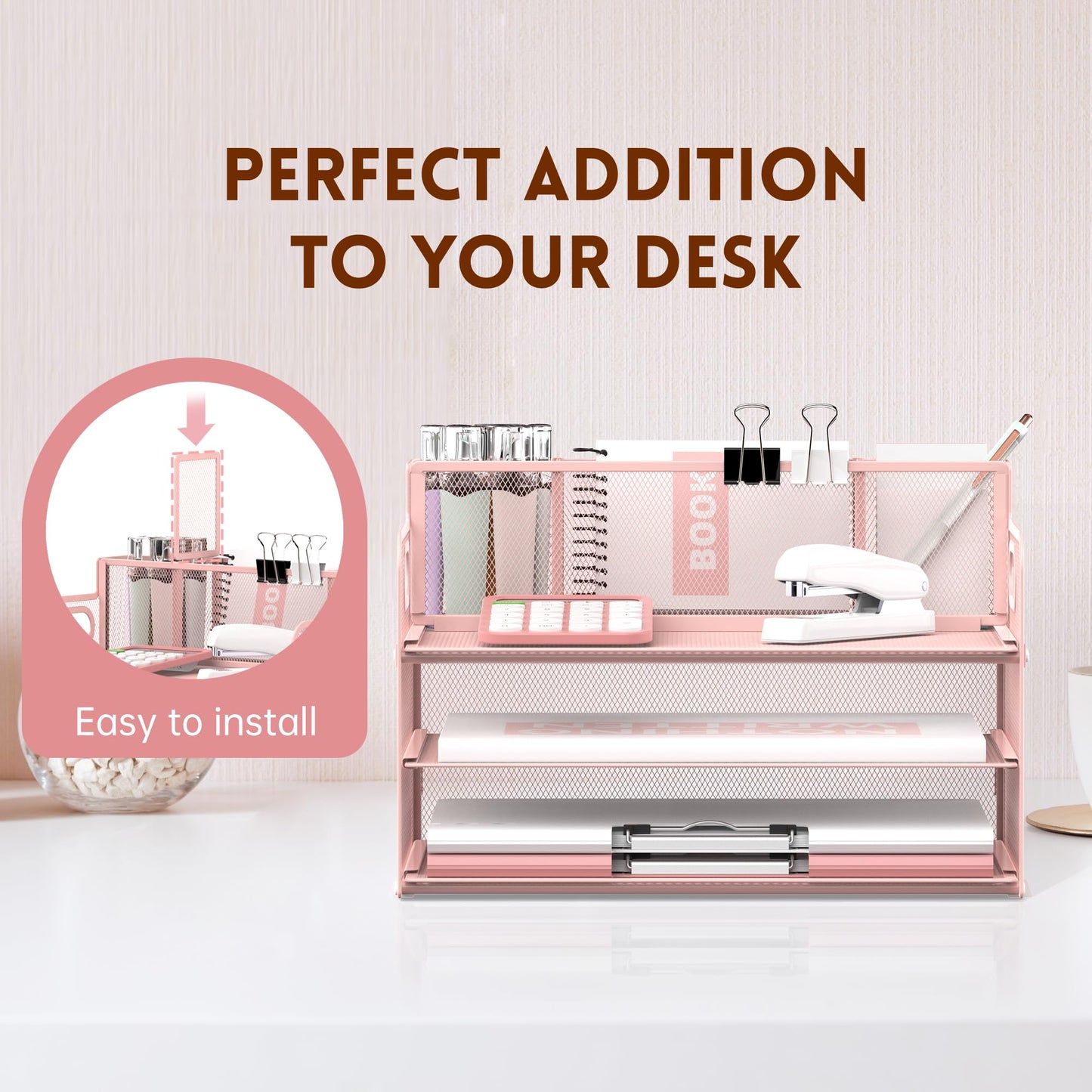 3-Tier Desk Organizer with Pen Holder and Handles, Paper Organizer, Pink
