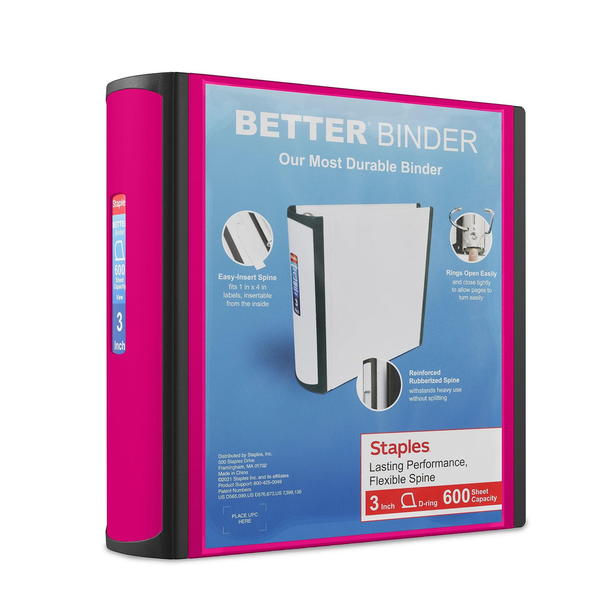 Staples Better Binder, 3 Inch D-Ring, Pink, 600 Sheets, 2-Pack
