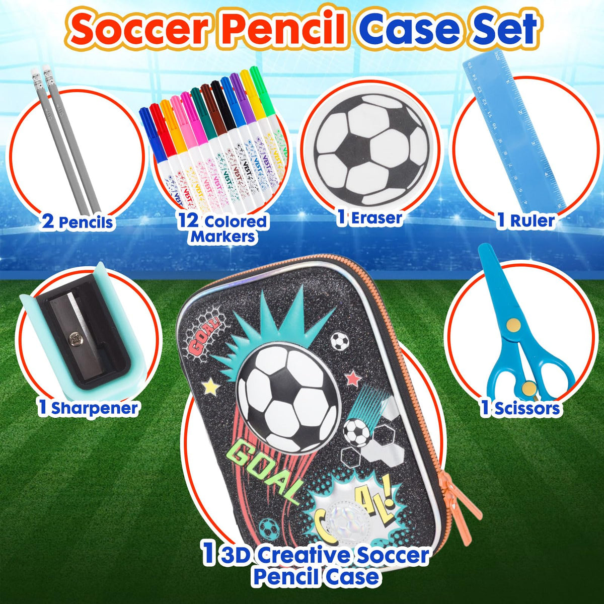 YOYTOO Soccer Pencil Case Stationery Set for Boys, 3D EVA Big Capacity Cute Pencil Pen Case Bag
