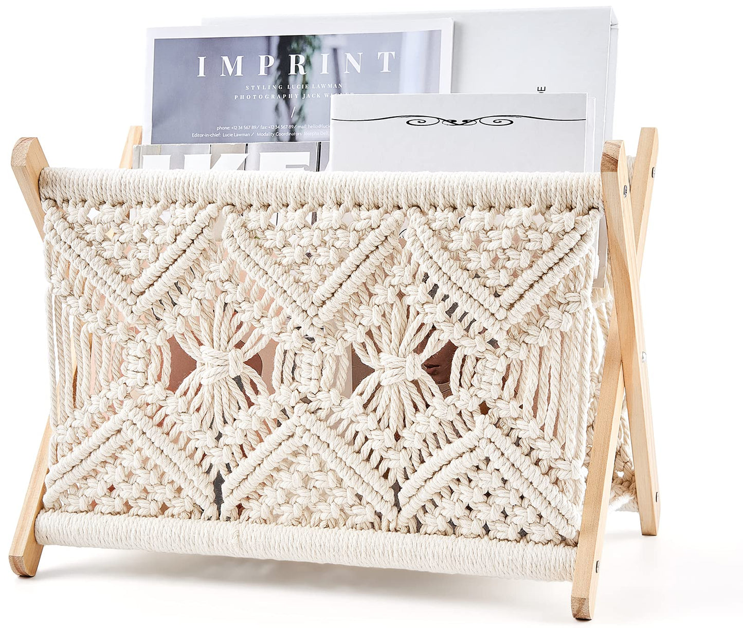 Mkono Macrame Magazine Holder, Boho Woven Book Rack Basket, 14" L x 10" W