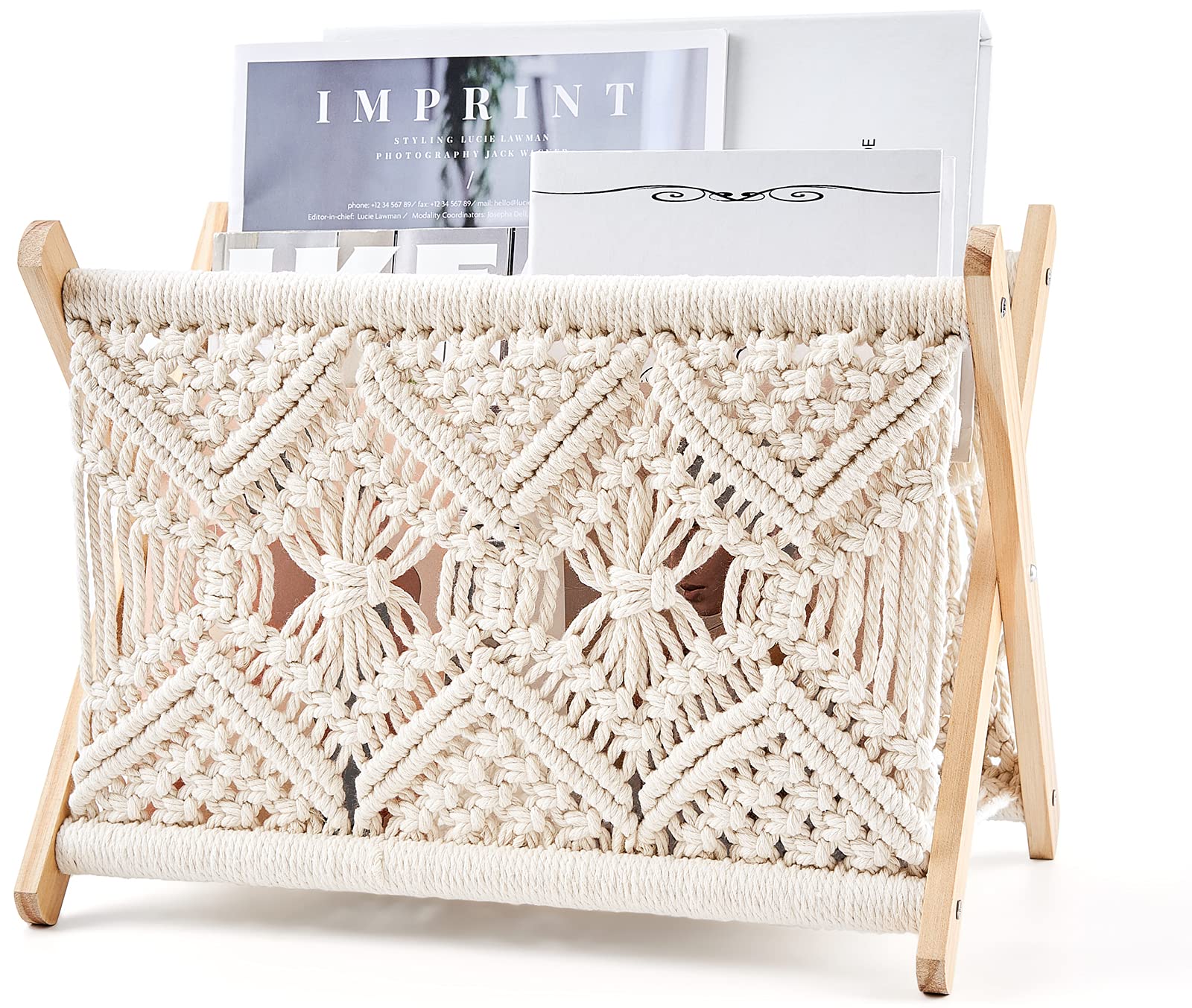 Mkono Macrame Magazine Holder, Boho Woven Book Rack Basket, 14" L x 10" W