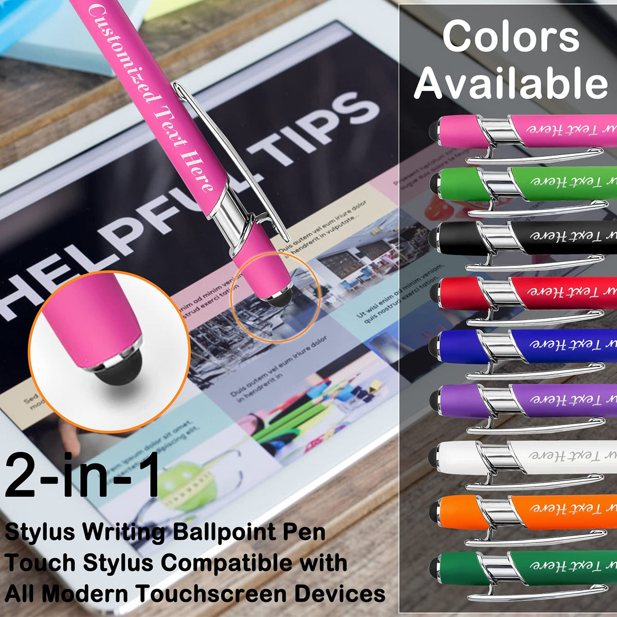 10 Pcs Personalized Pens in Bulk with Stylus Tip - Custom Print with Name 0.5 mm Soft Touch Medium