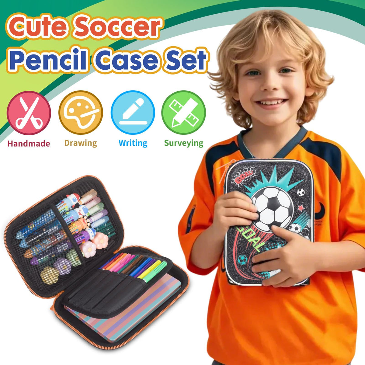 YOYTOO Soccer Pencil Case Stationery Set for Boys, 3D EVA Big Capacity Cute Pencil Pen Case Bag