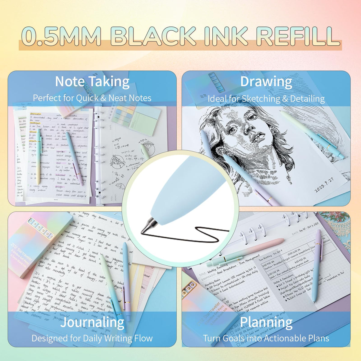 UIXJODO 12 Pcs Gel Pens 0.5mm Quick Dry Black Ink Pens Fine Point Smooth Writing Pens, Cute Office