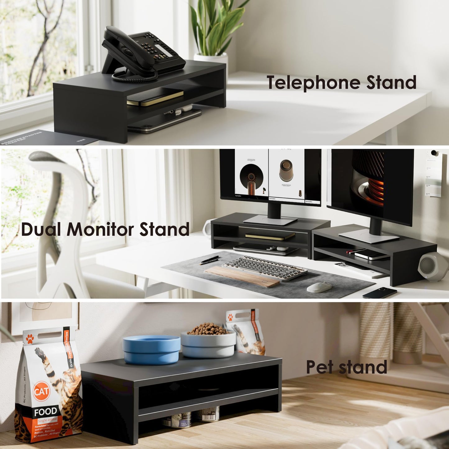 FITUEYES Wooden Monitor Stand Riser, 2-Tier Desk Storage Shelf, Black