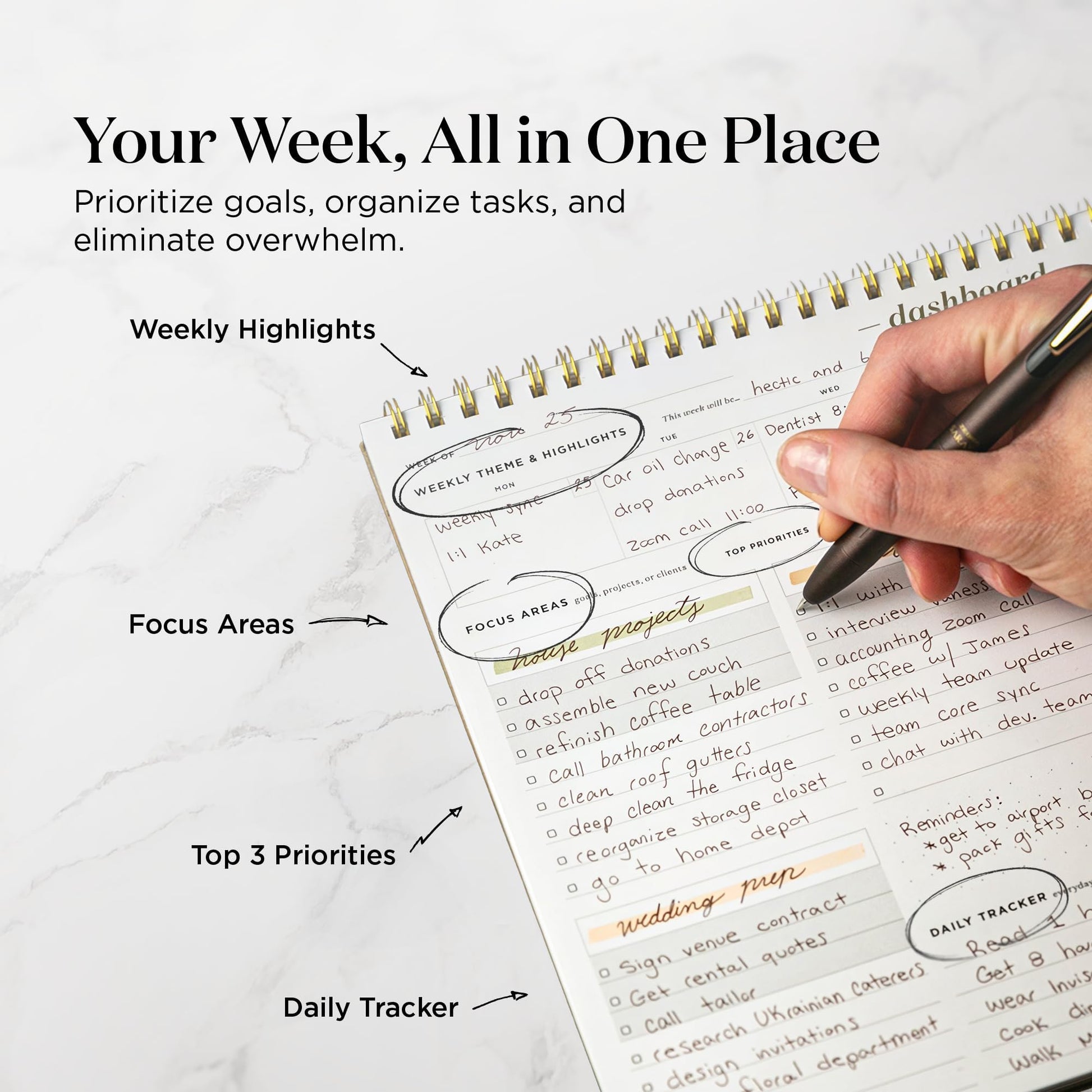 Ink+Volt Dashboard Spiral Deskpad | Undated Weekly Planner Notepad w/ 52 Undated Sheets, Premium
