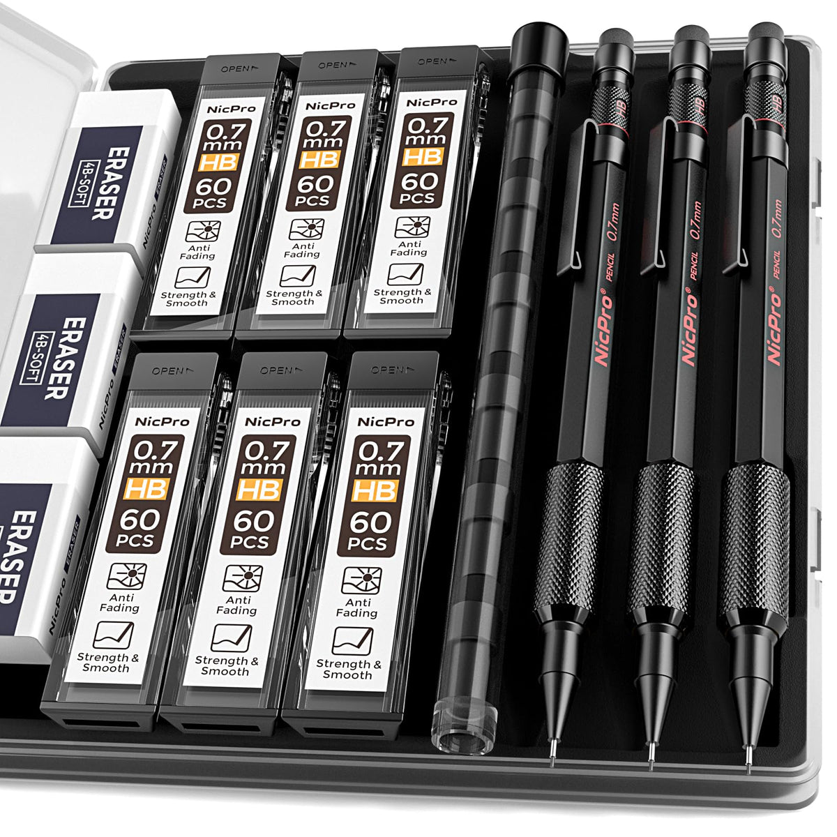 Nicpro 0.7 mm Mechanical Pencil Set with Case, 3PCS Metal Pencil