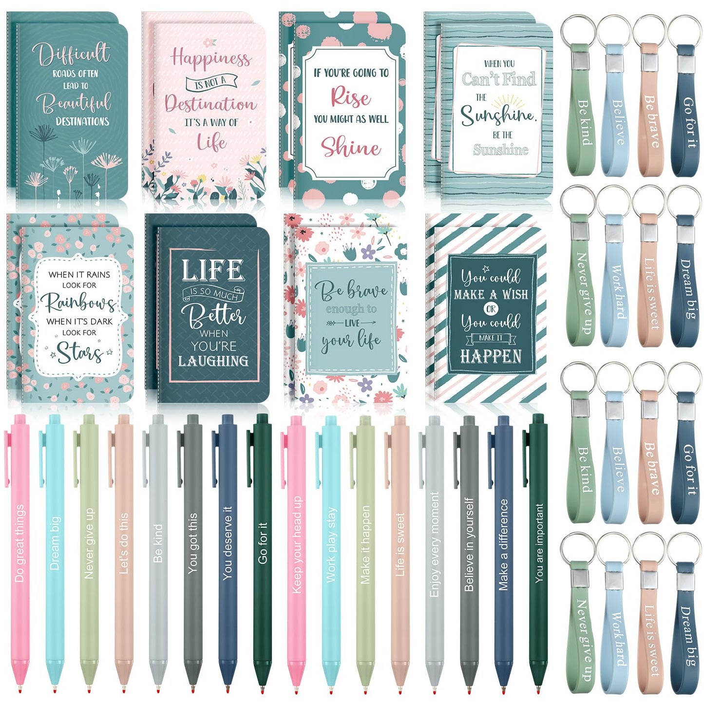 PerKoop 48 Pcs Inspirational Gifts Bulk Notepads Pens Keychain Set, Classic