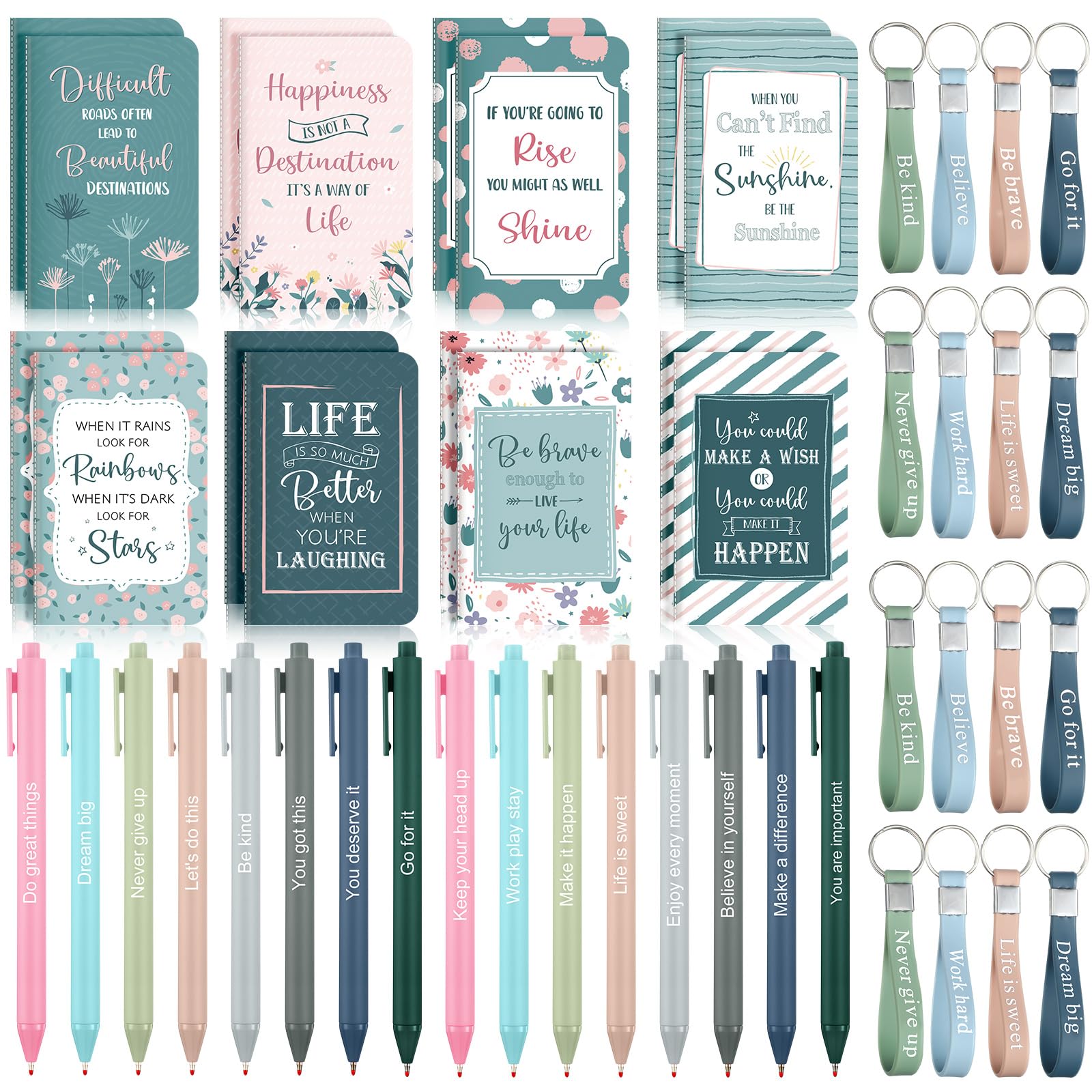 PerKoop 48 Pcs Inspirational Gifts Bulk Notepads Pens Keychain Set, Classic