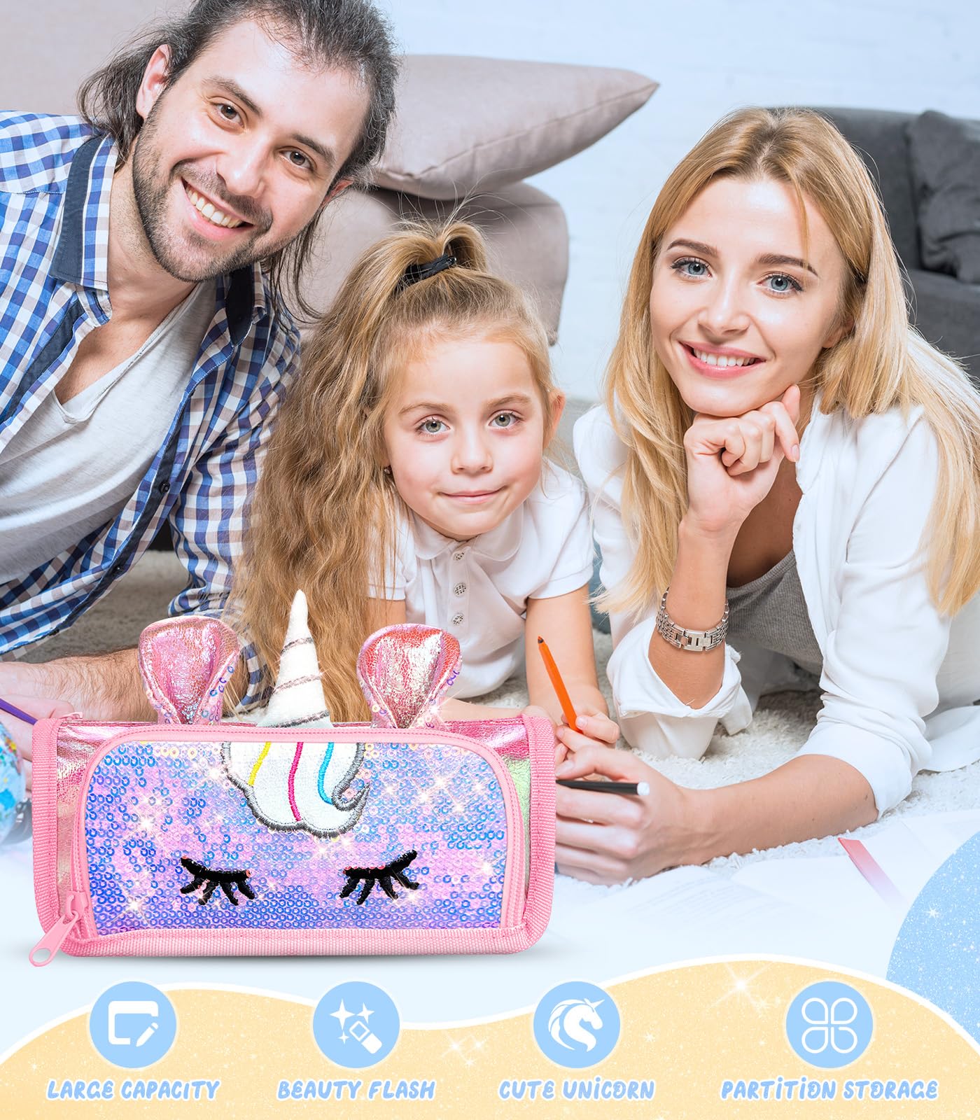 LISEVO Cute Pencil Case, 3D Pencil Pouch for Girls Kids, Sparkly Pencil Bag with Sequins for
