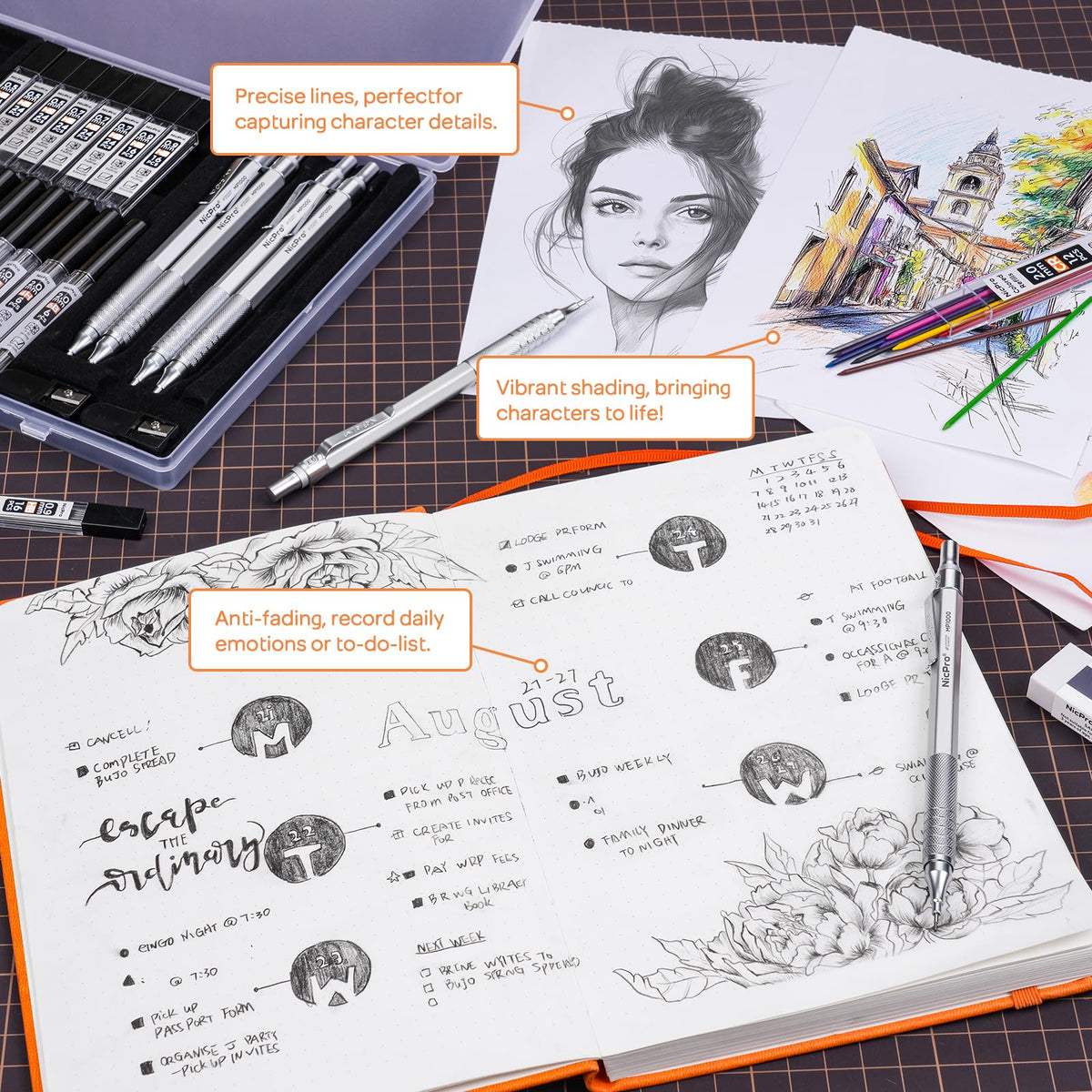 Nicpro 22PCS Metal Mechanical Pencil Set in Case for Drawing Writing