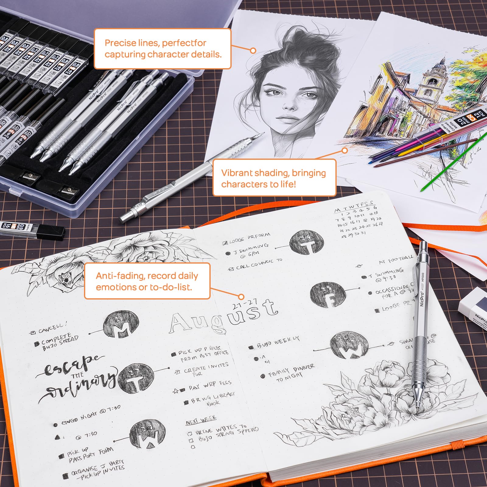 Nicpro 22PCS Metal Mechanical Pencil Set in Case for Drawing Writing