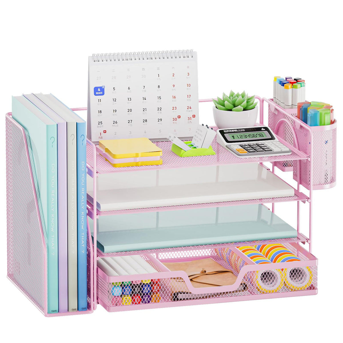 Marbrasse 4-Tier Paper Tray Organizer with Drawer and Pen Holder, Pink