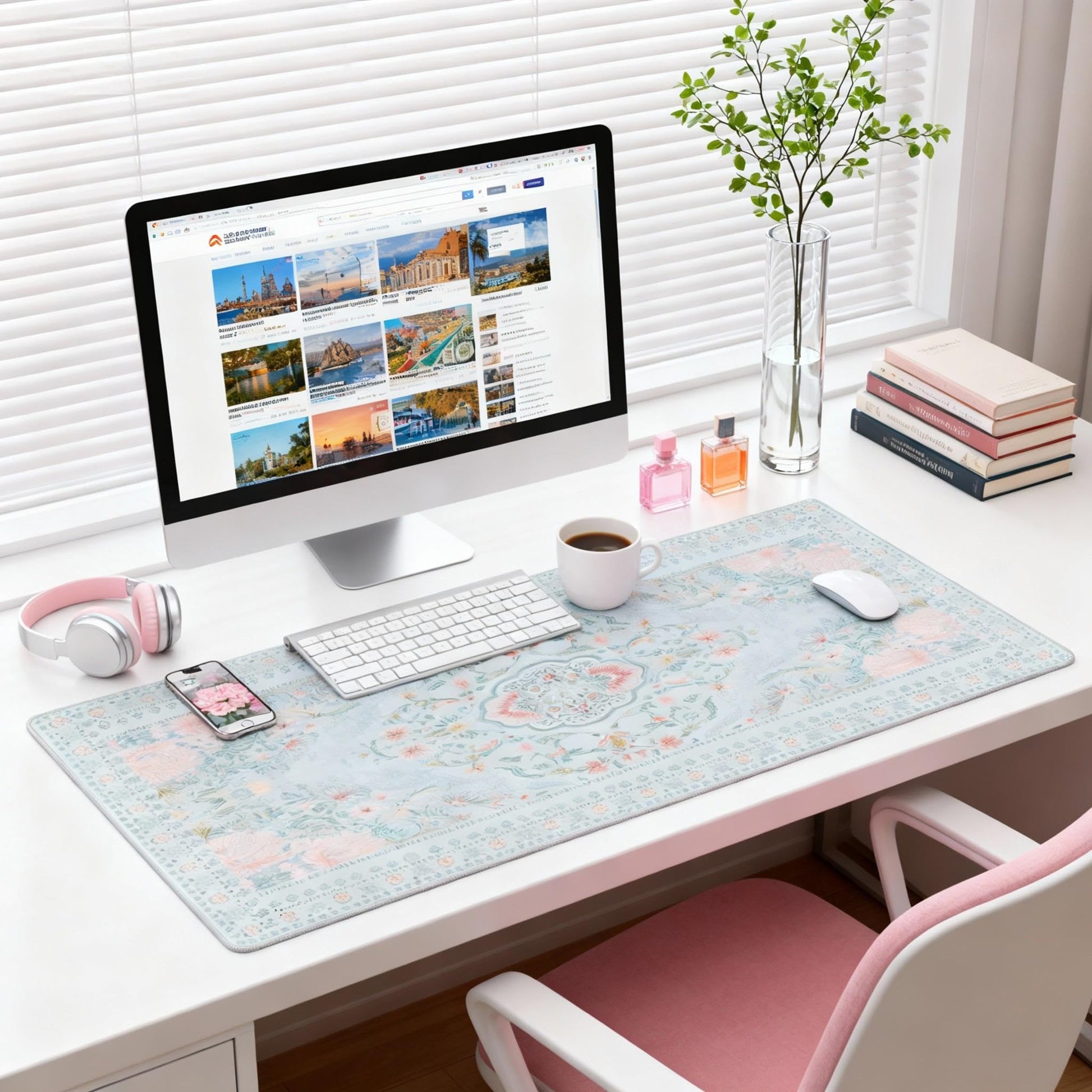 Giant Floral Desk Pad, Blue XXL Long Mouse Mat with Anti-Slip & Stitched Edge, Cute Office Decor