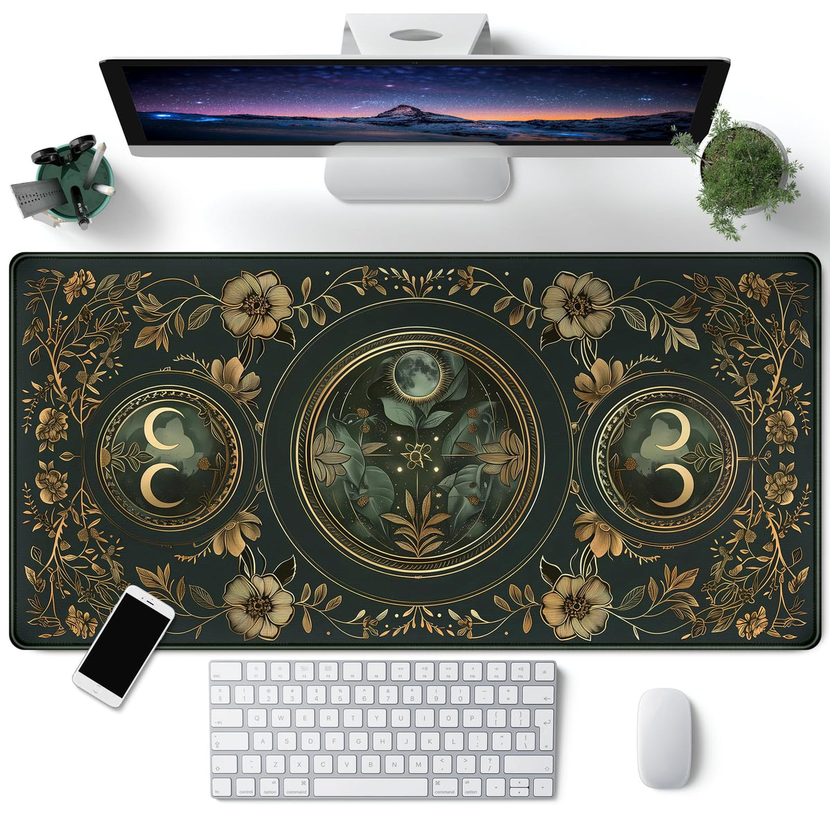 Celestial Art Nouveau Botanical Desk Mat Gold Moon Large Mouse Pad Emerald Vintage Big Gaming