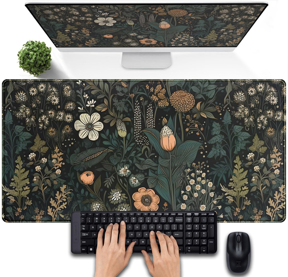 Dark Flower Desk Mat Floral Plants Mouse Pad, Aesthetic Wildflowers Large Gaming Mousepad Desk Pad